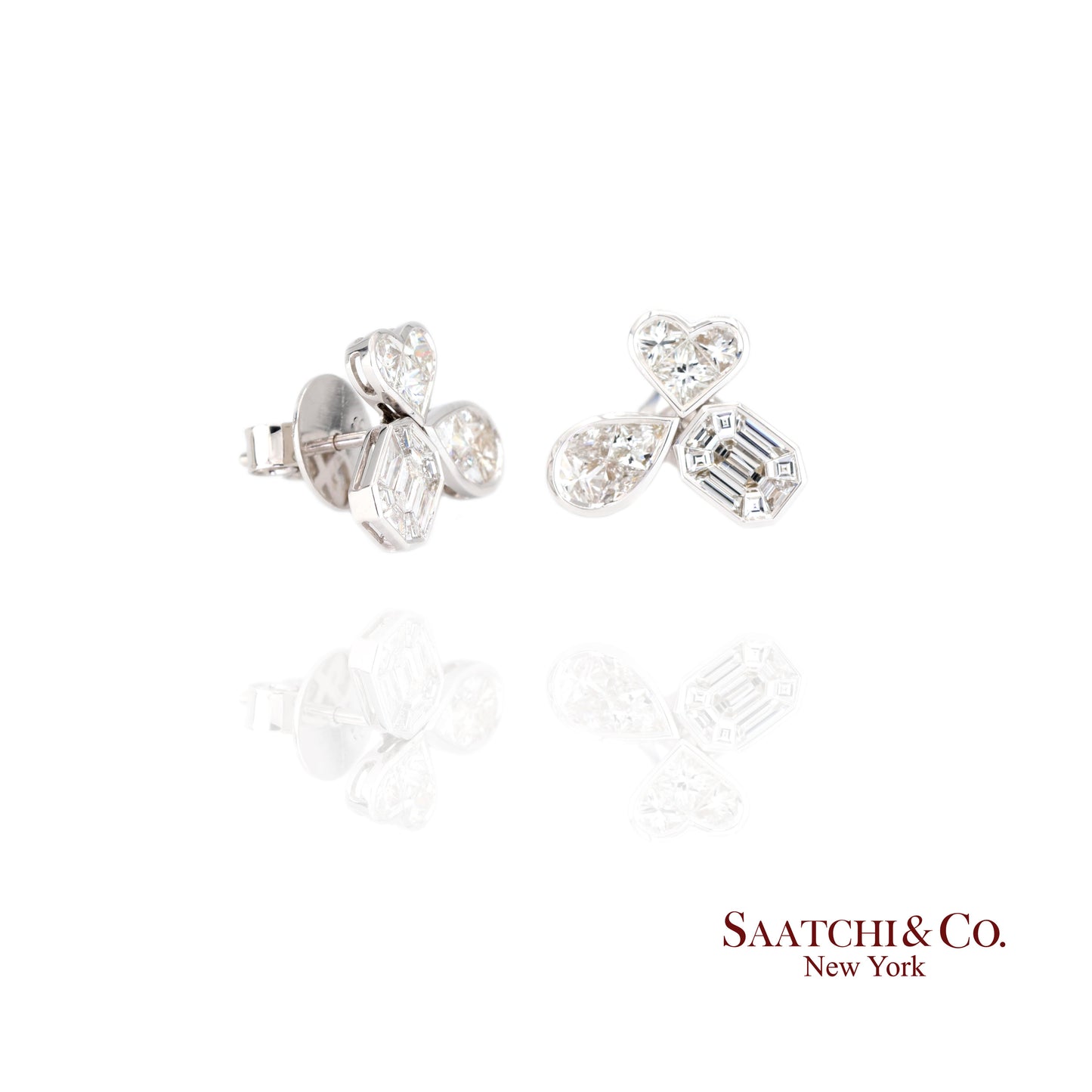 18K white gold Pie cut Pear and Emerald shape natural diamond Earring