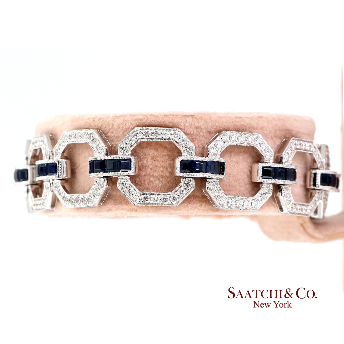 18k Sapphire Diamond Bracelet Womens White Gold 7.42in Milgrain Art Deco