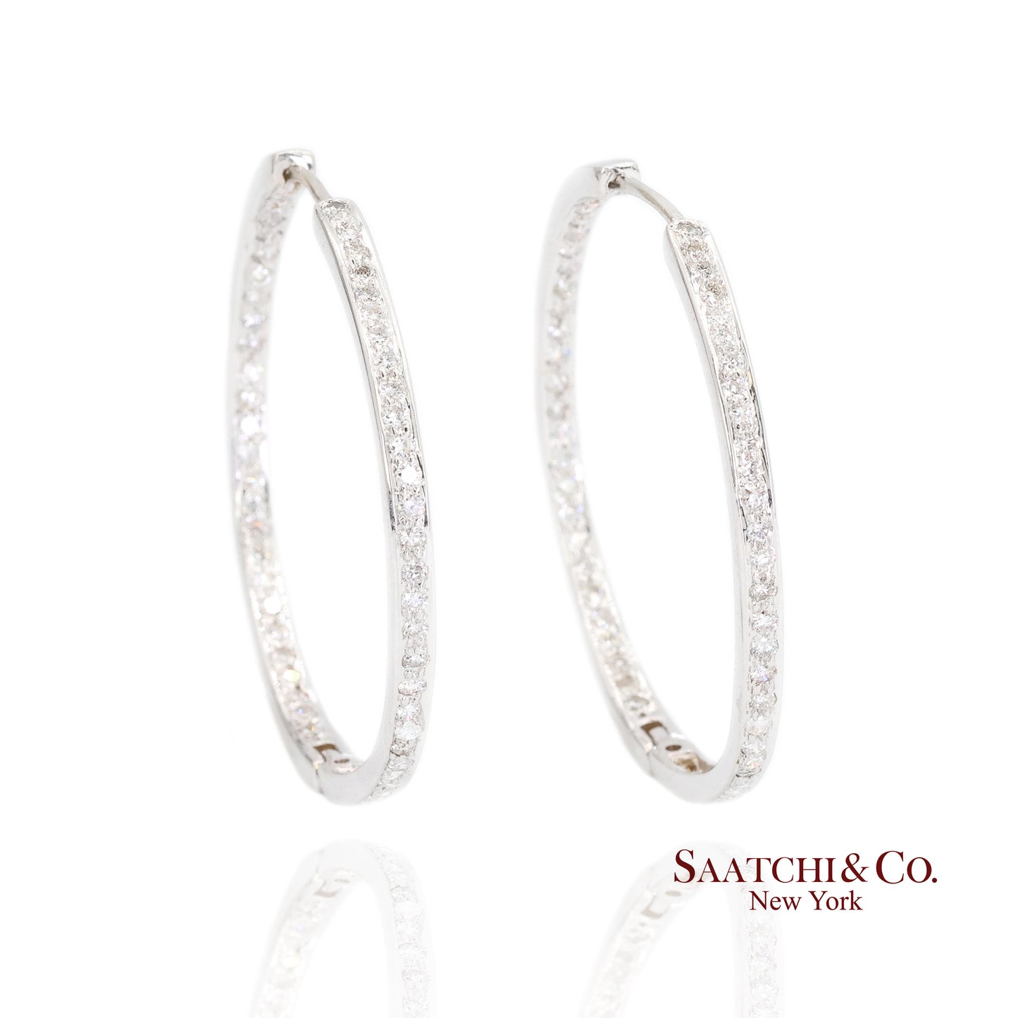 18K White Gold Natural Diamond Hoop Earrings In and Out Diamond
