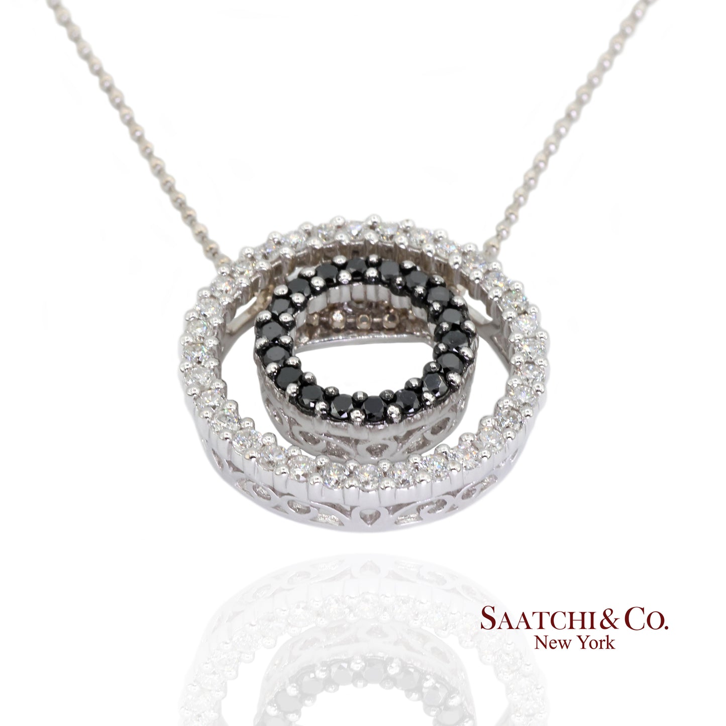 14K (585) White Gold Natural Black & White Diamond Pendant With Chain