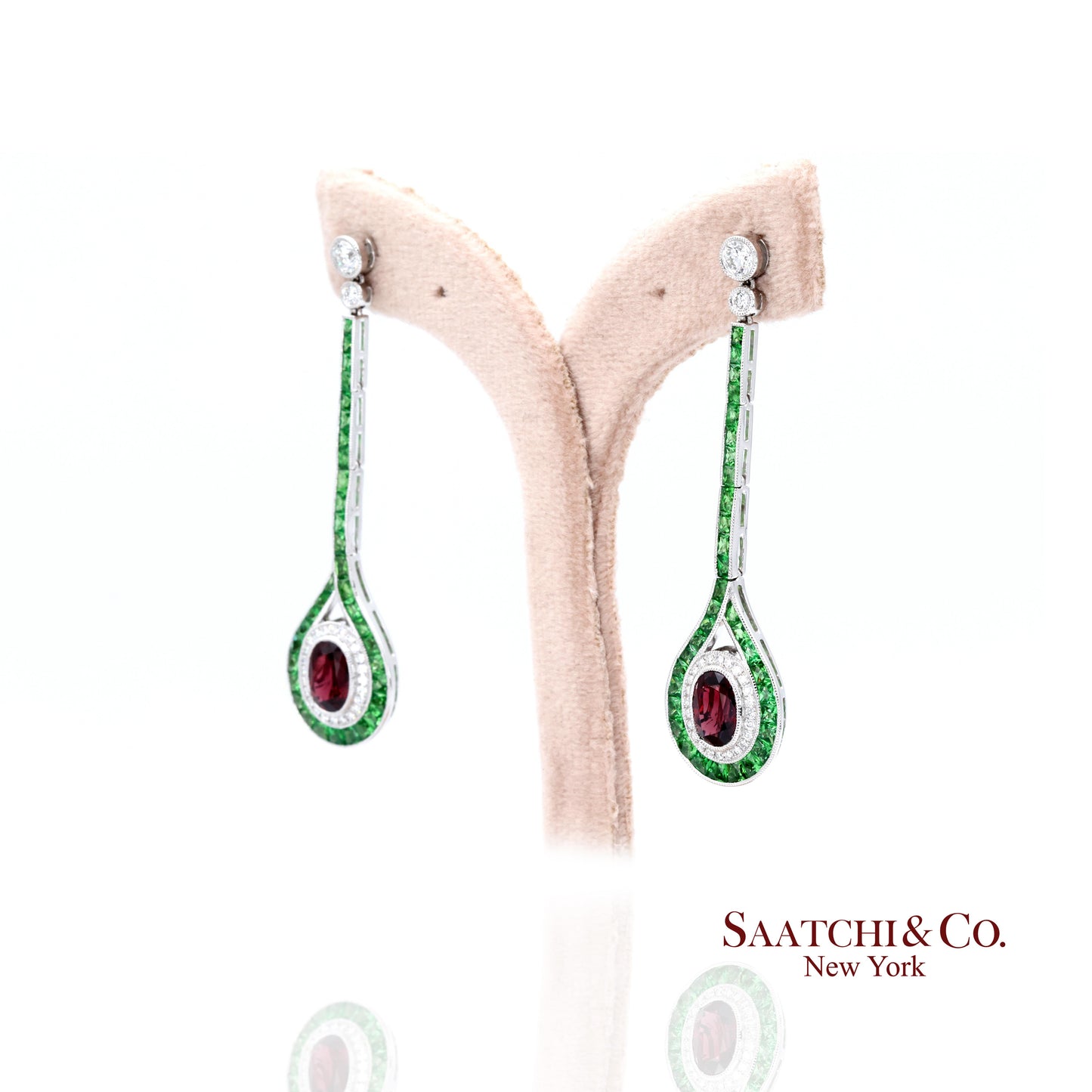 Platinum 950 Dangling Natural Ruby Emerald and Diamond Earring