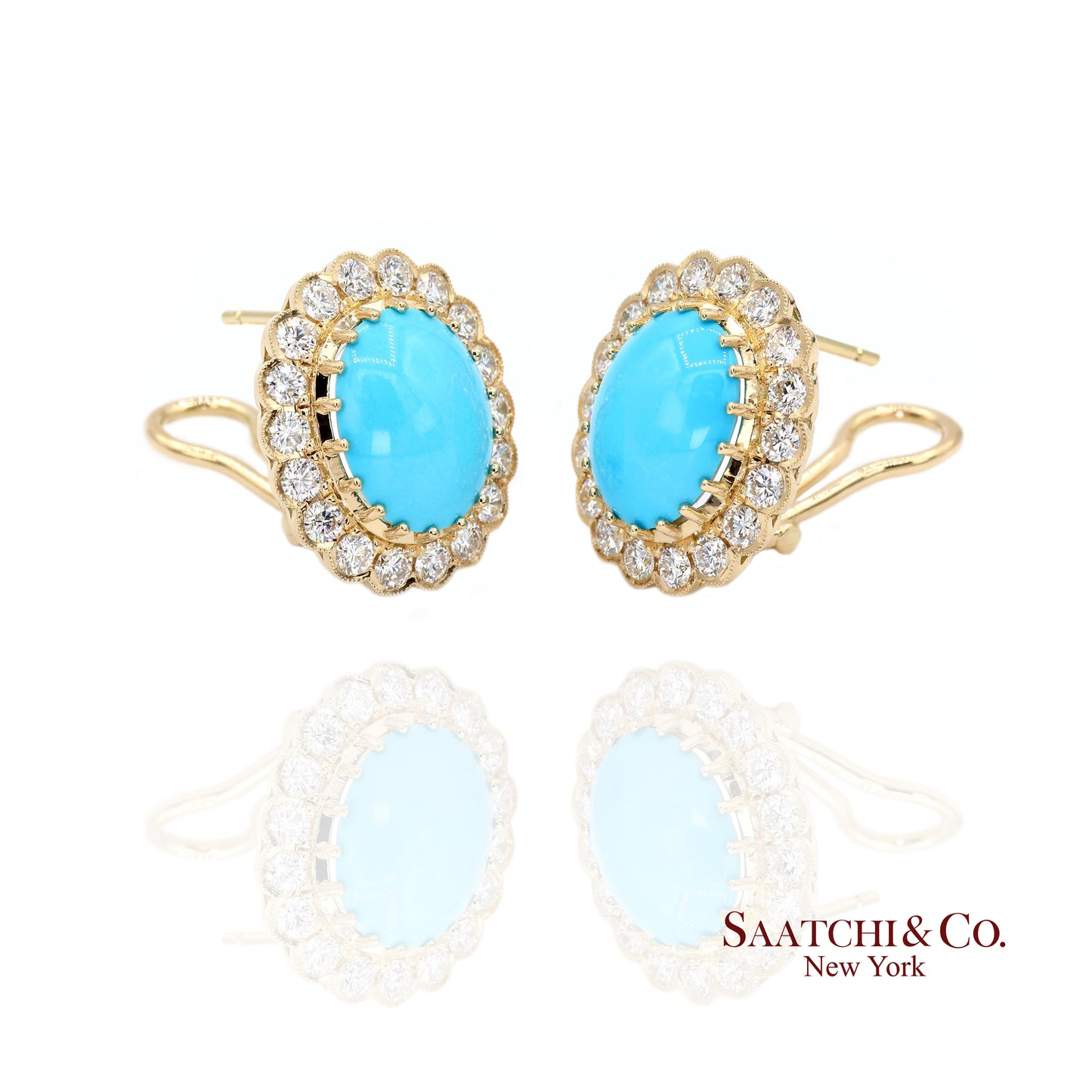 18K Natural Persian Turquoise Diamond Earrings Women Omega Back Style