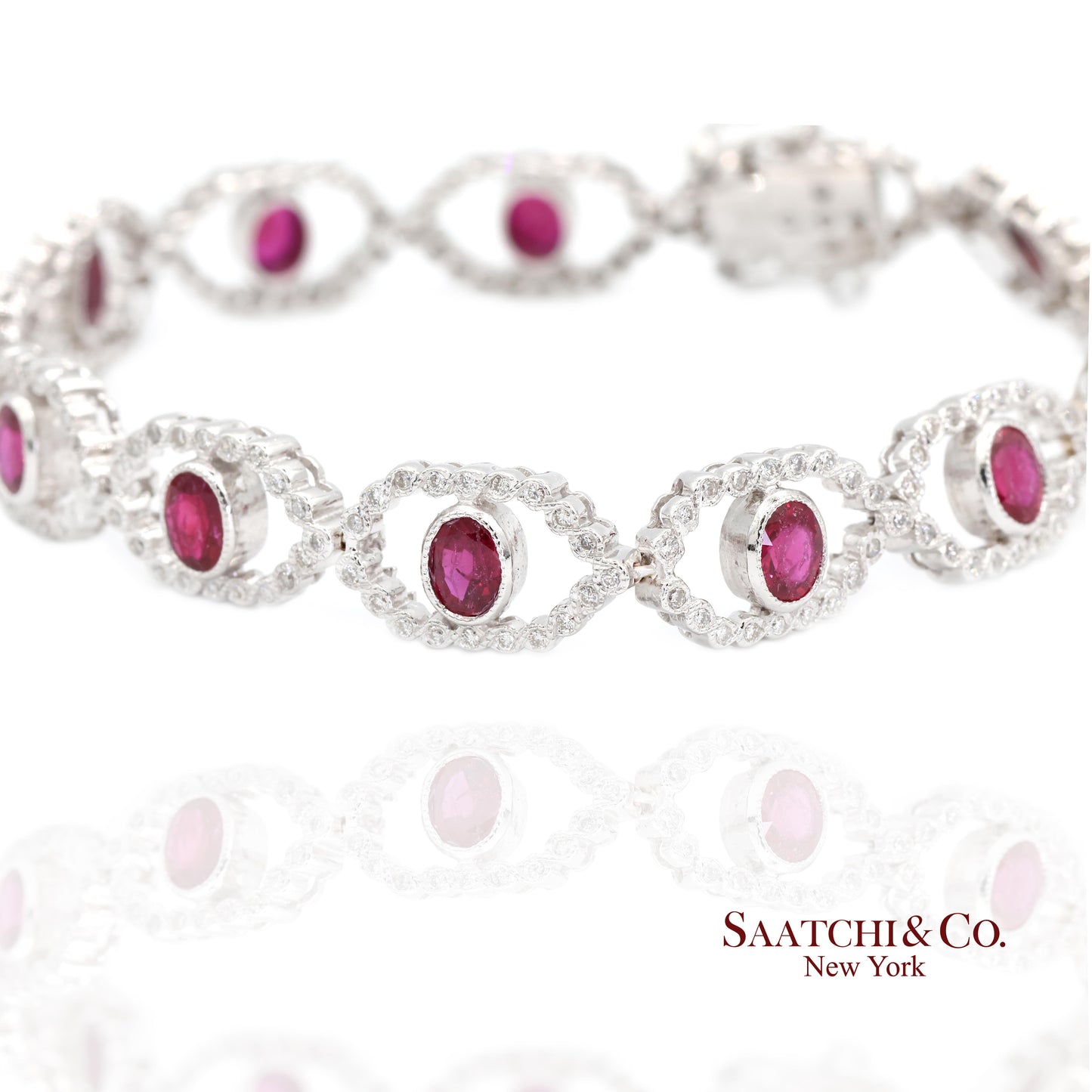 18k (750) White Gold Natural Ruby and Diamond Milgrain Bracelet