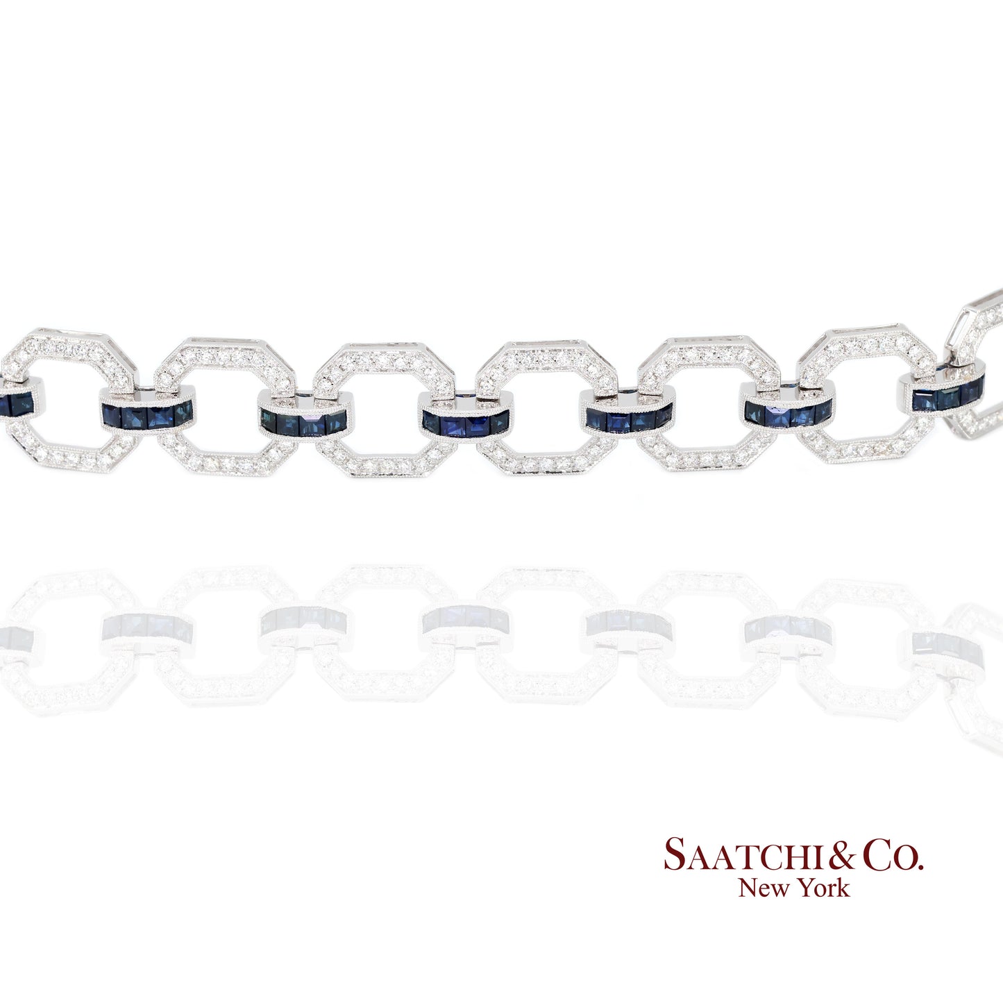18k Sapphire Diamond Bracelet Womens White Gold 7.42in Milgrain Art Deco