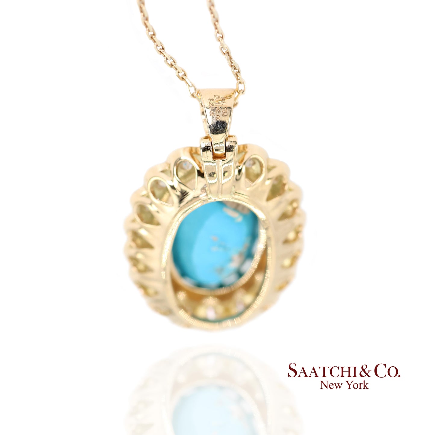 18k Persian Turquoise and Diamond Pendant Womens Yellow Gold Oval Cabochon