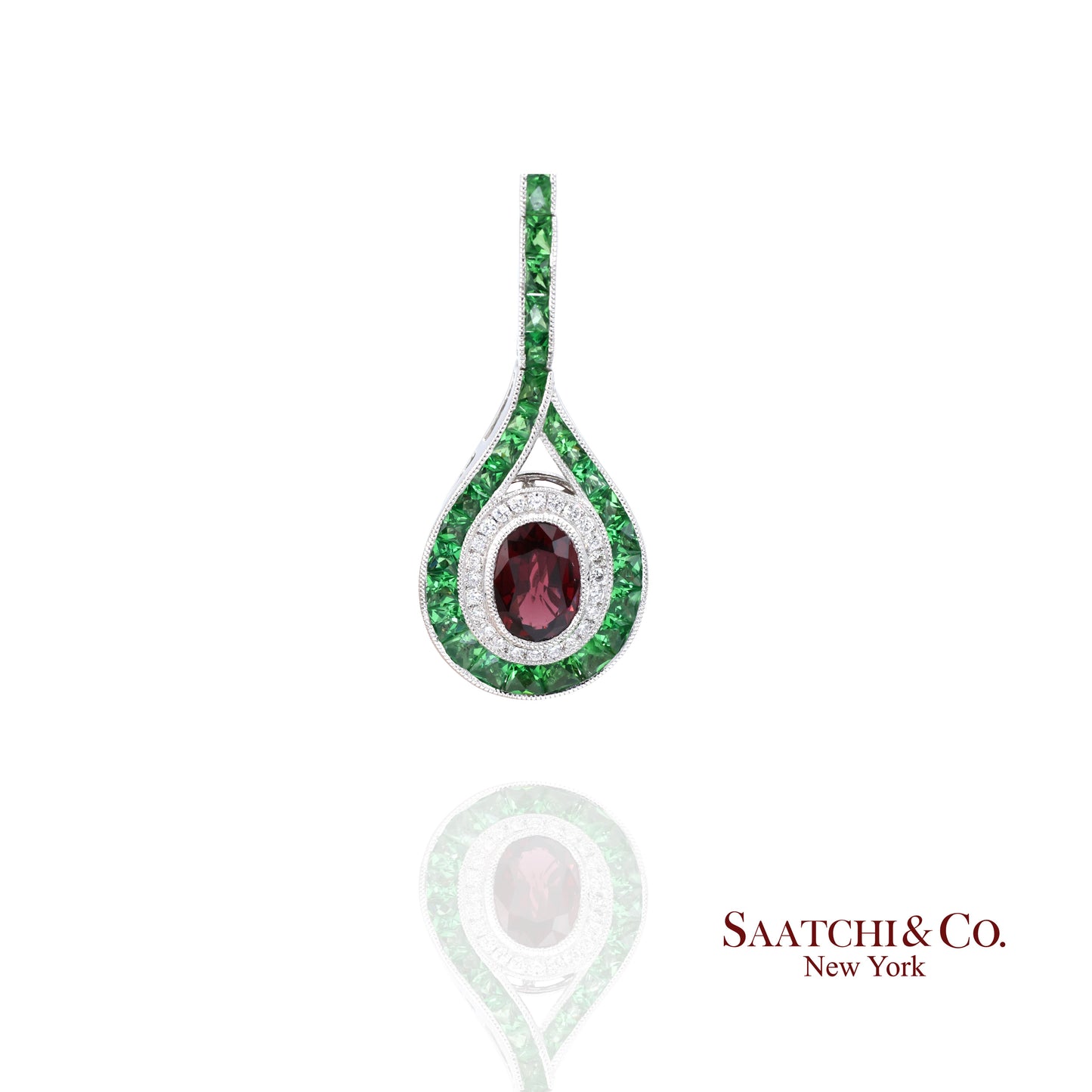 Platinum 950 Dangling Natural Ruby Emerald and Diamond Earring