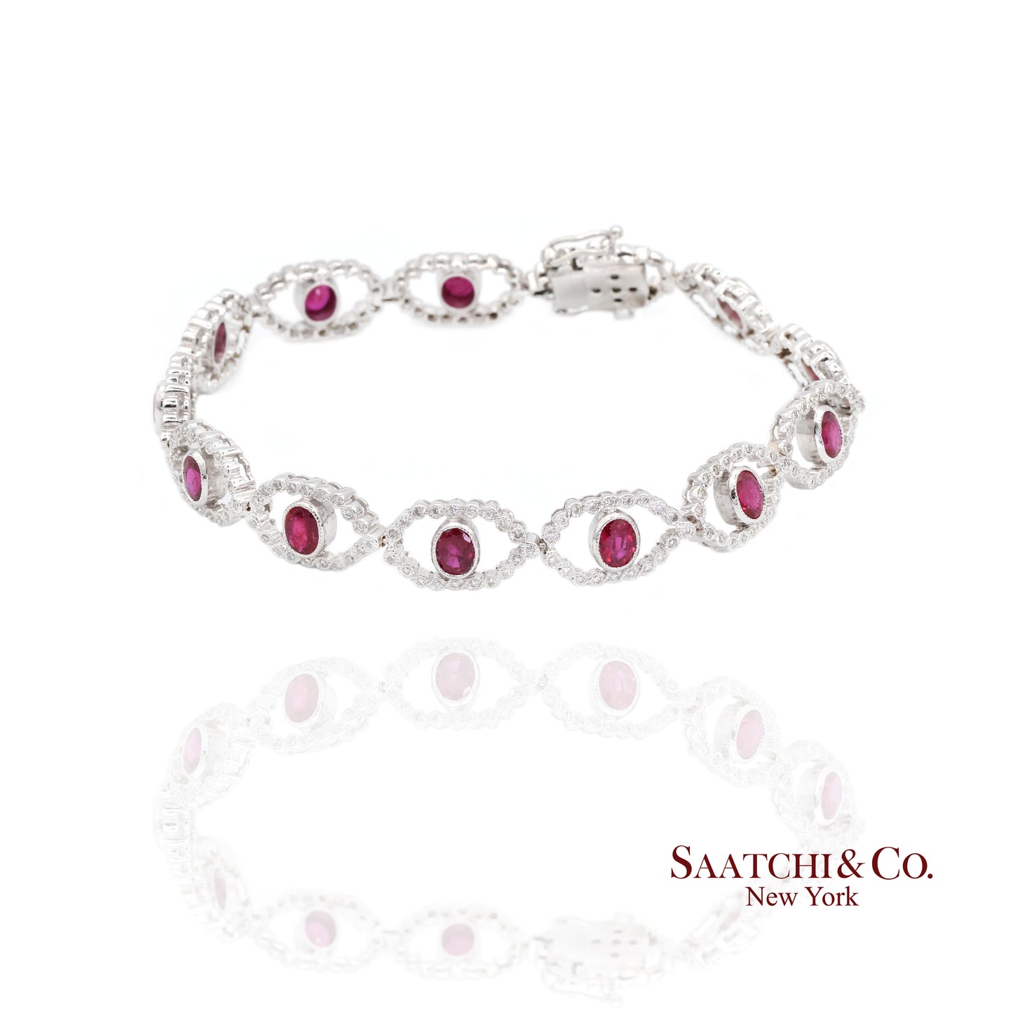 18k (750) White Gold Natural Ruby and Diamond Milgrain Bracelet