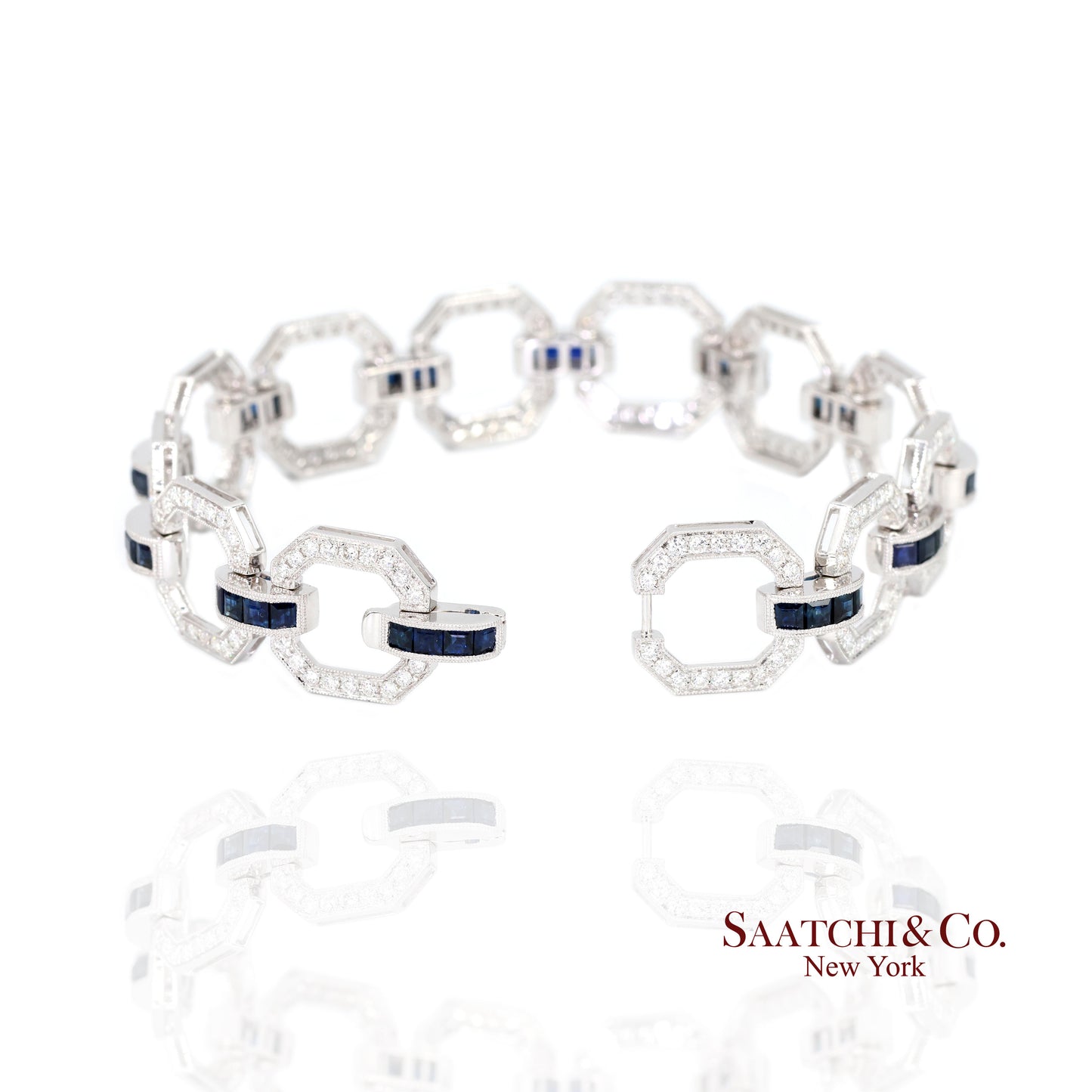 18k Sapphire Diamond Bracelet Womens White Gold 7.42in Milgrain Art Deco