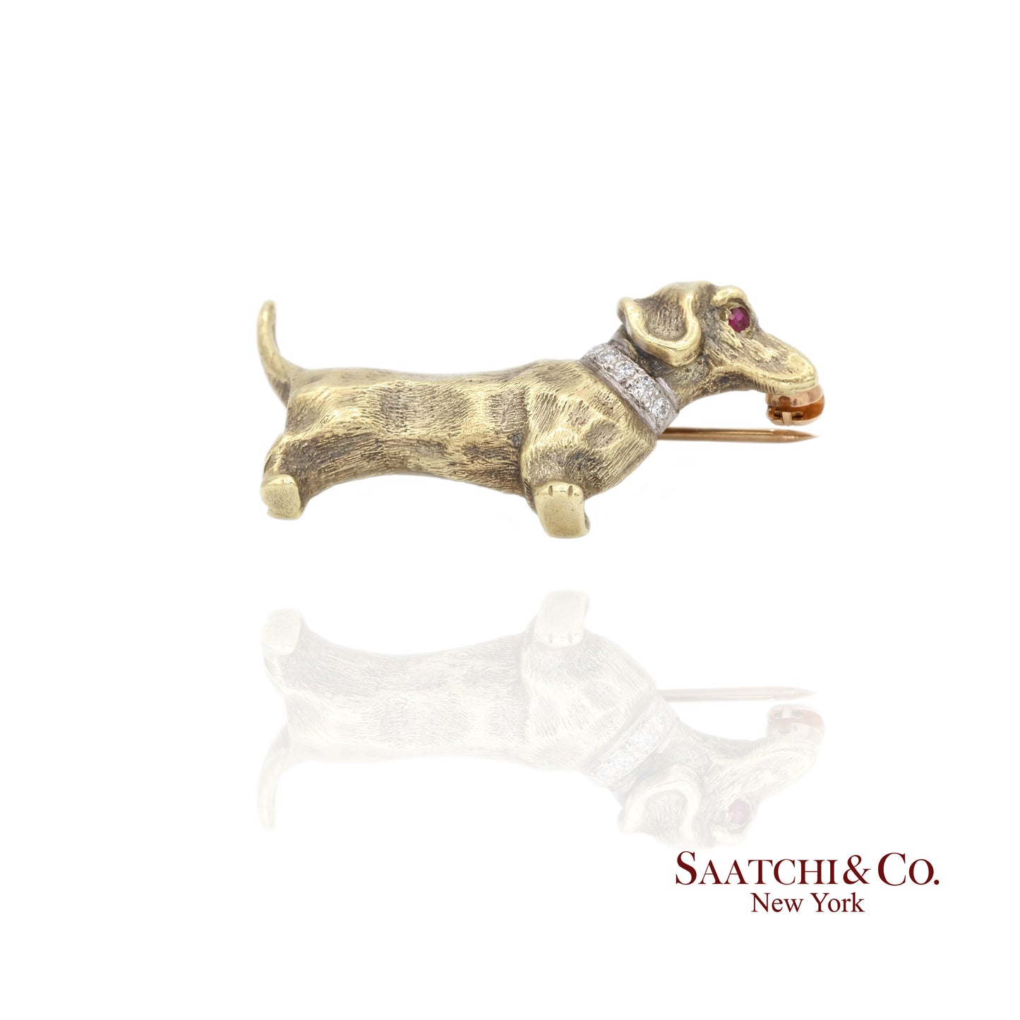 14k (585) Yellow Gold Natural Diamond Dachshund Brooch / Pin