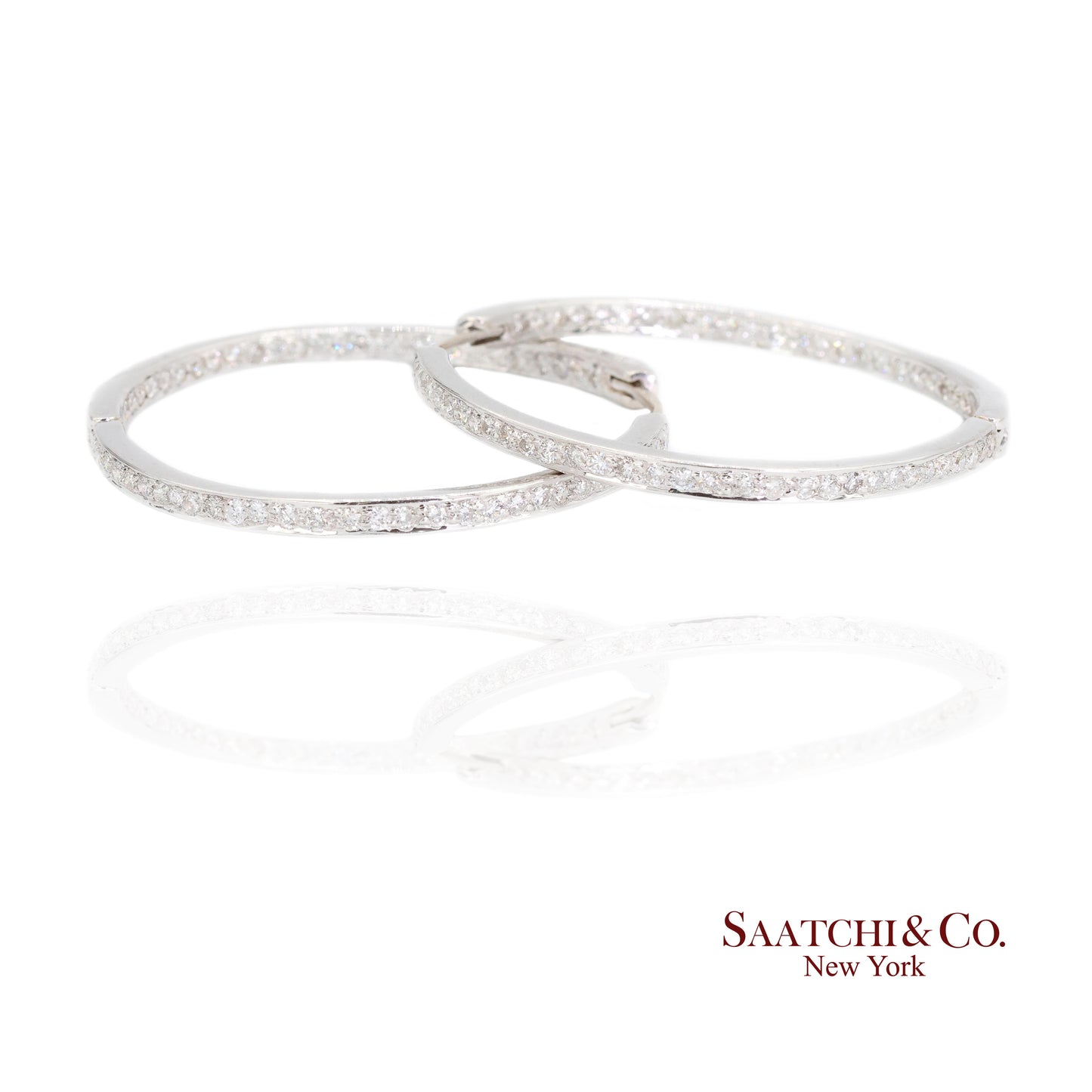 18K White Gold Natural Diamond Hoop Earrings In and Out Diamond