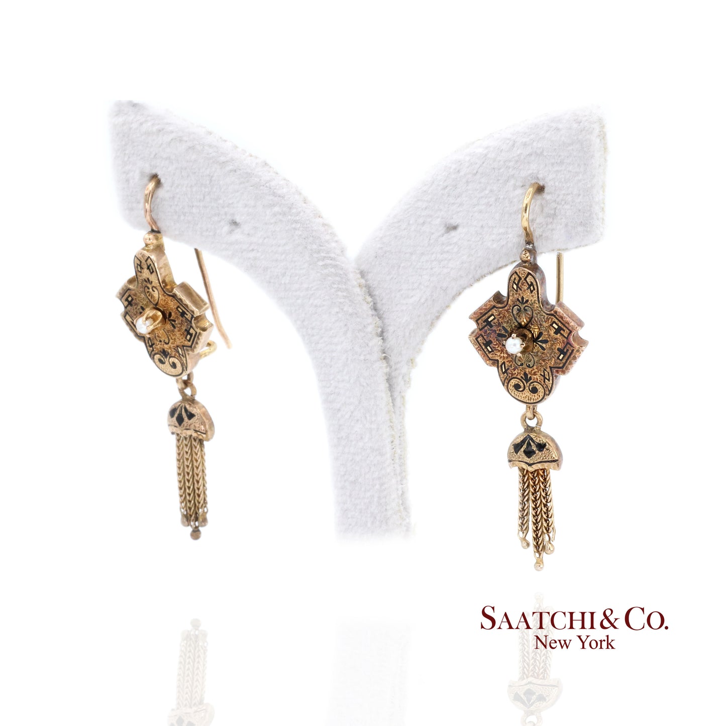 14K Yellow Gold Pearl Enamel Dangling Earring
