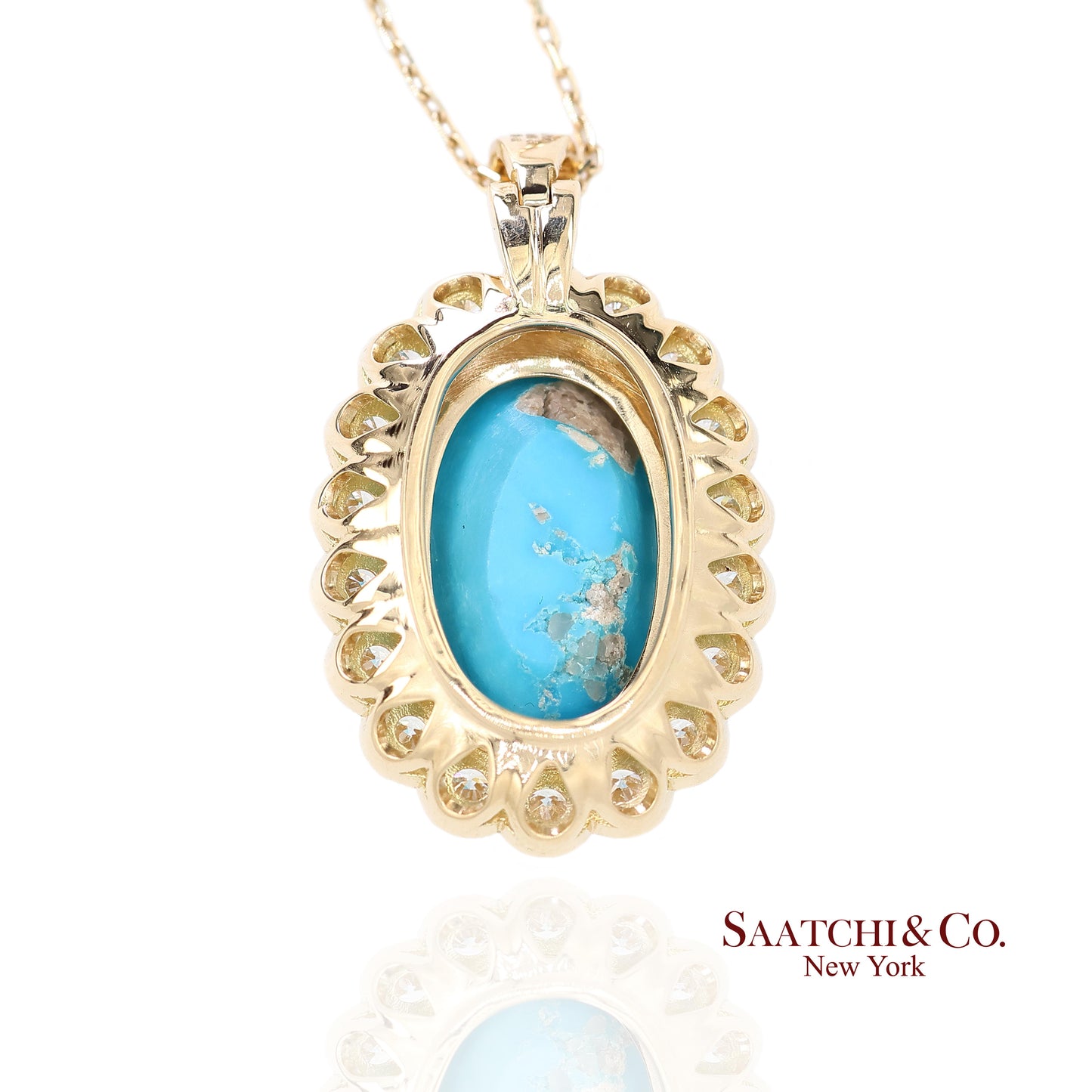 18k Persian Turquoise and Diamond Pendant Womens Yellow Gold Oval Cabochon