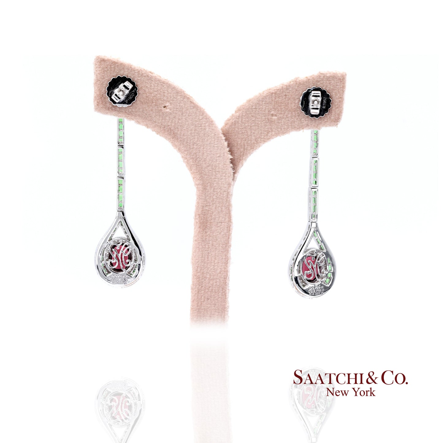 Platinum 950 Dangling Natural Ruby Emerald and Diamond Earring
