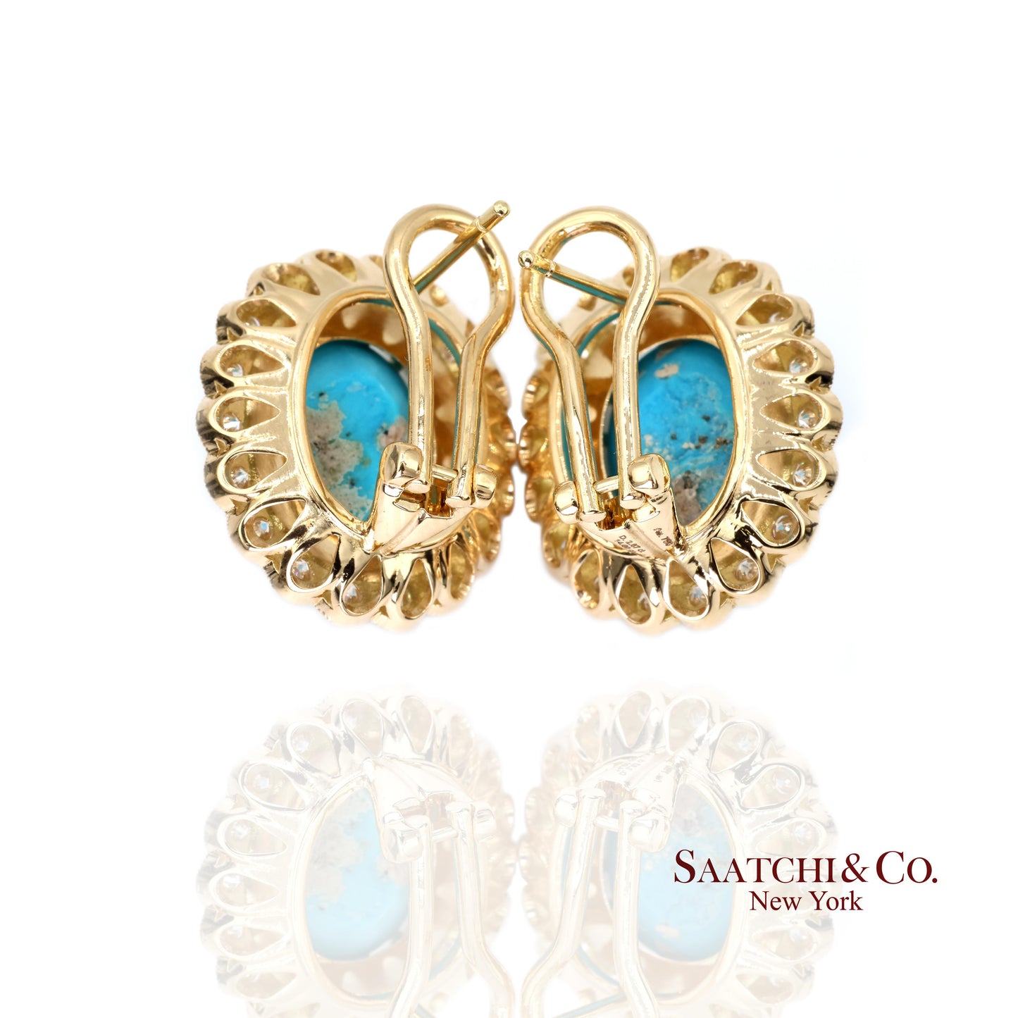 18K Natural Persian Turquoise Diamond Earrings Women Omega Back Style
