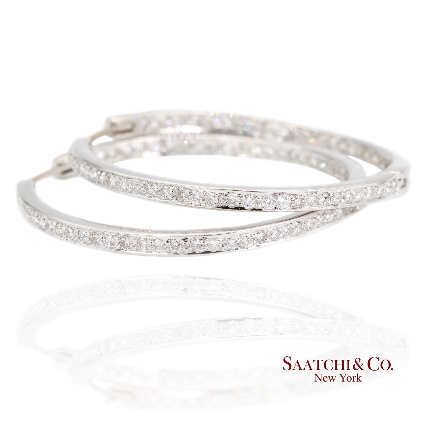 18K White Gold Natural Diamond Hoop Earrings In and Out Diamond