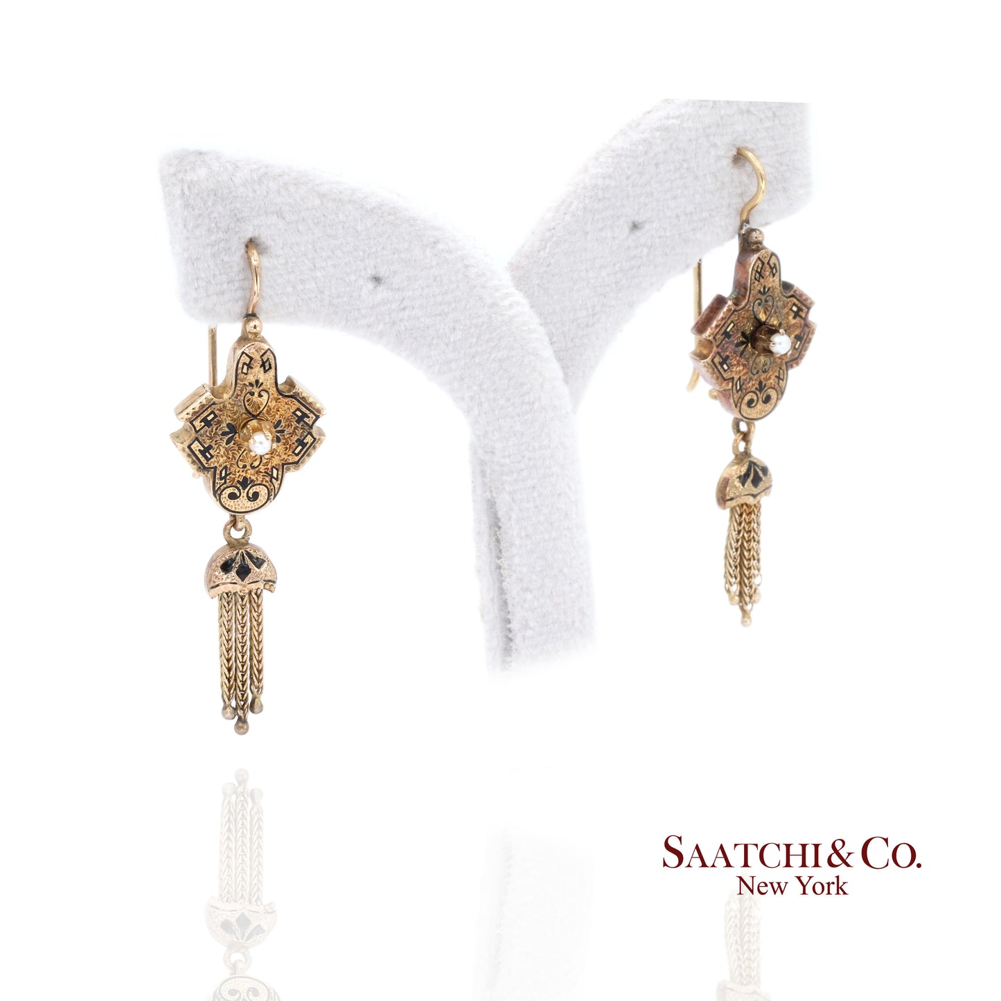 14K Yellow Gold Pearl Enamel Dangling Earring