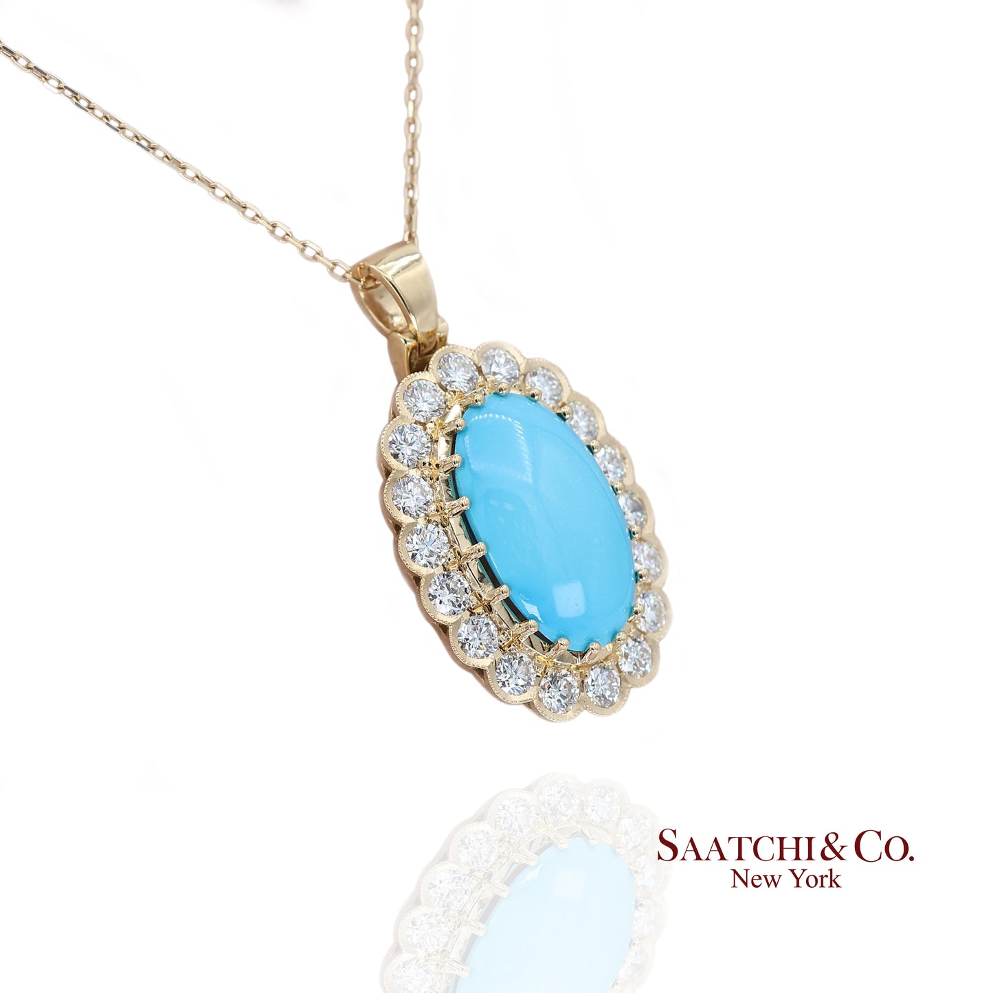 18k Persian Turquoise and Diamond Pendant Womens Yellow Gold Oval Cabochon