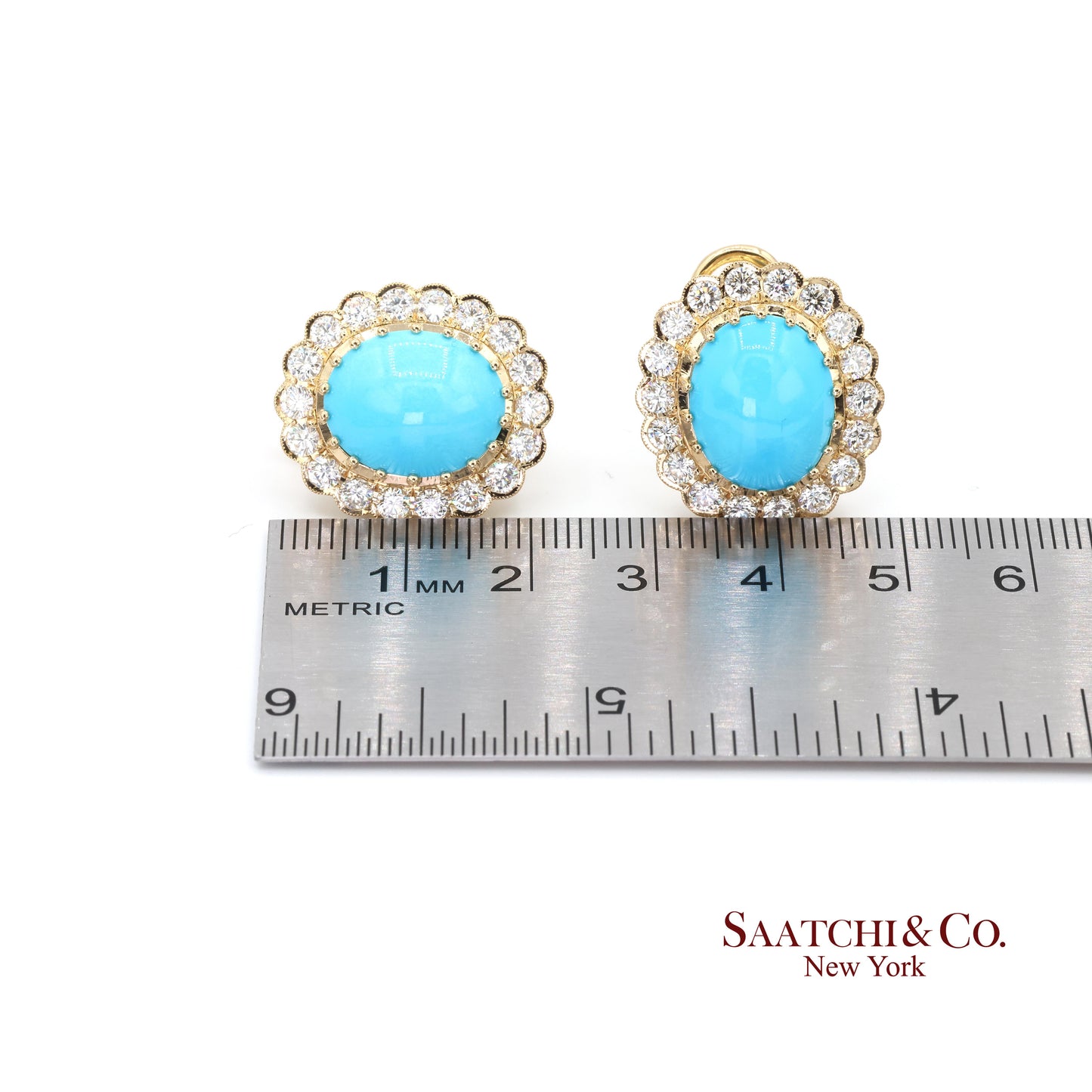 18K Natural Persian Turquoise Diamond Earrings Women Omega Back Style