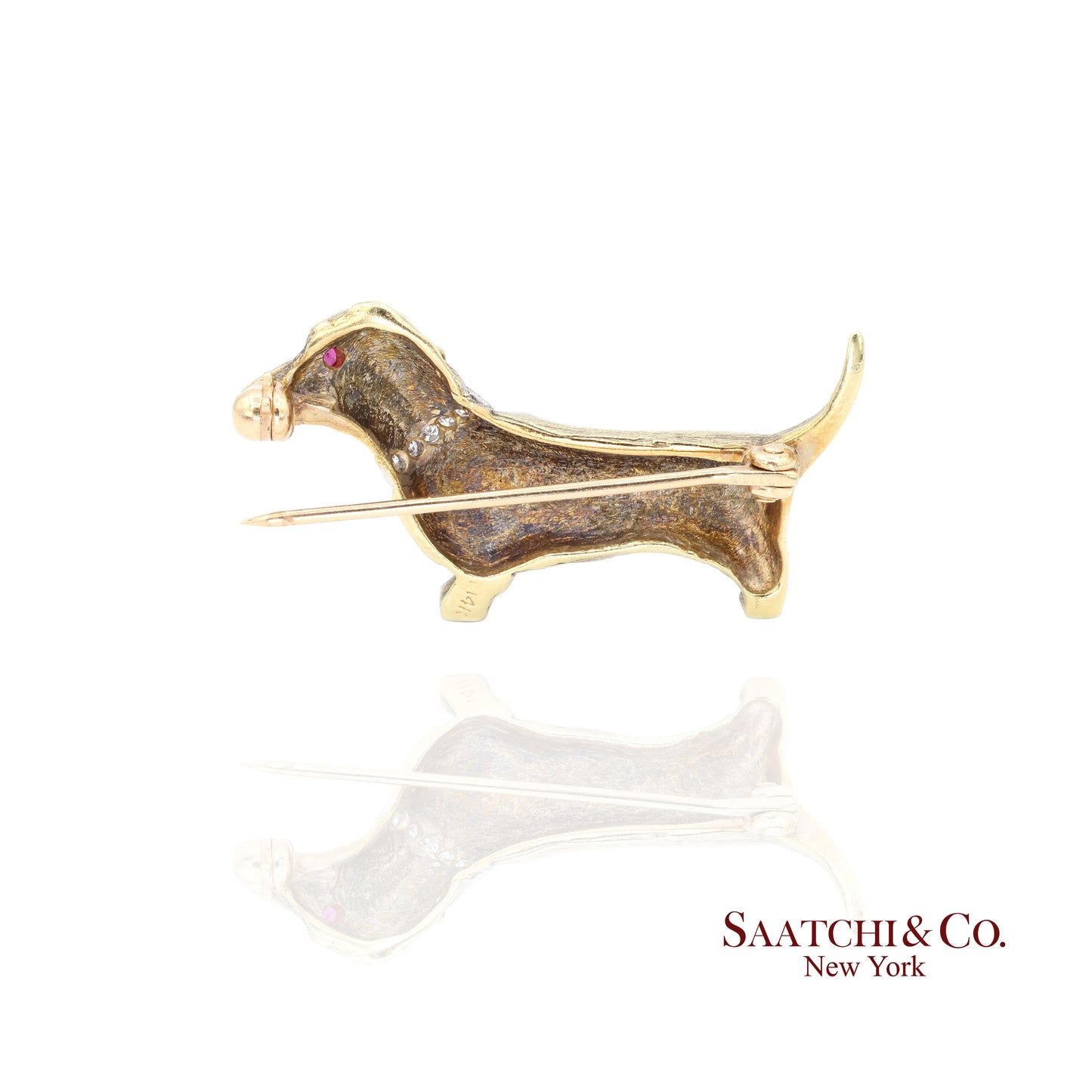 14k (585) Yellow Gold Natural Diamond Dachshund Brooch / Pin