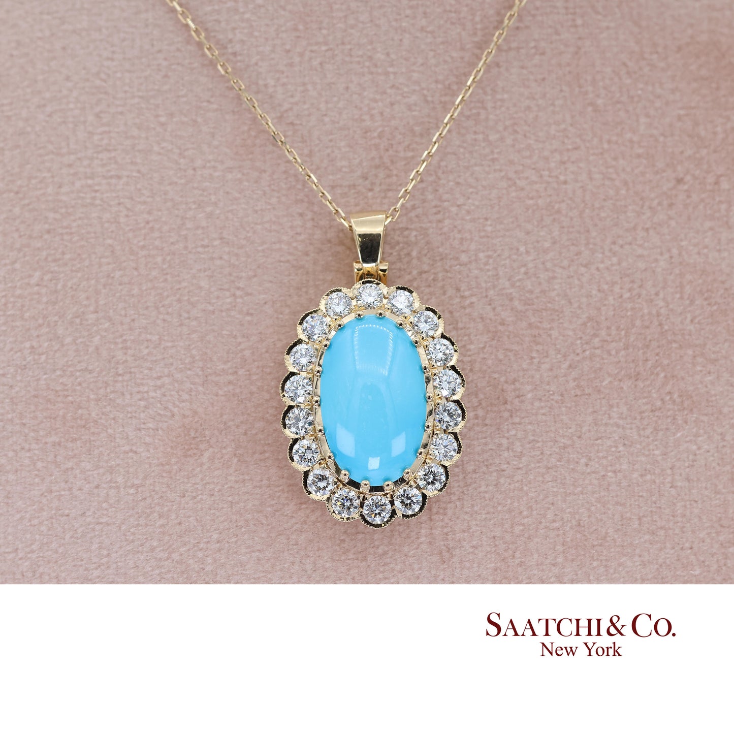 18k Persian Turquoise and Diamond Pendant Womens Yellow Gold Oval Cabochon