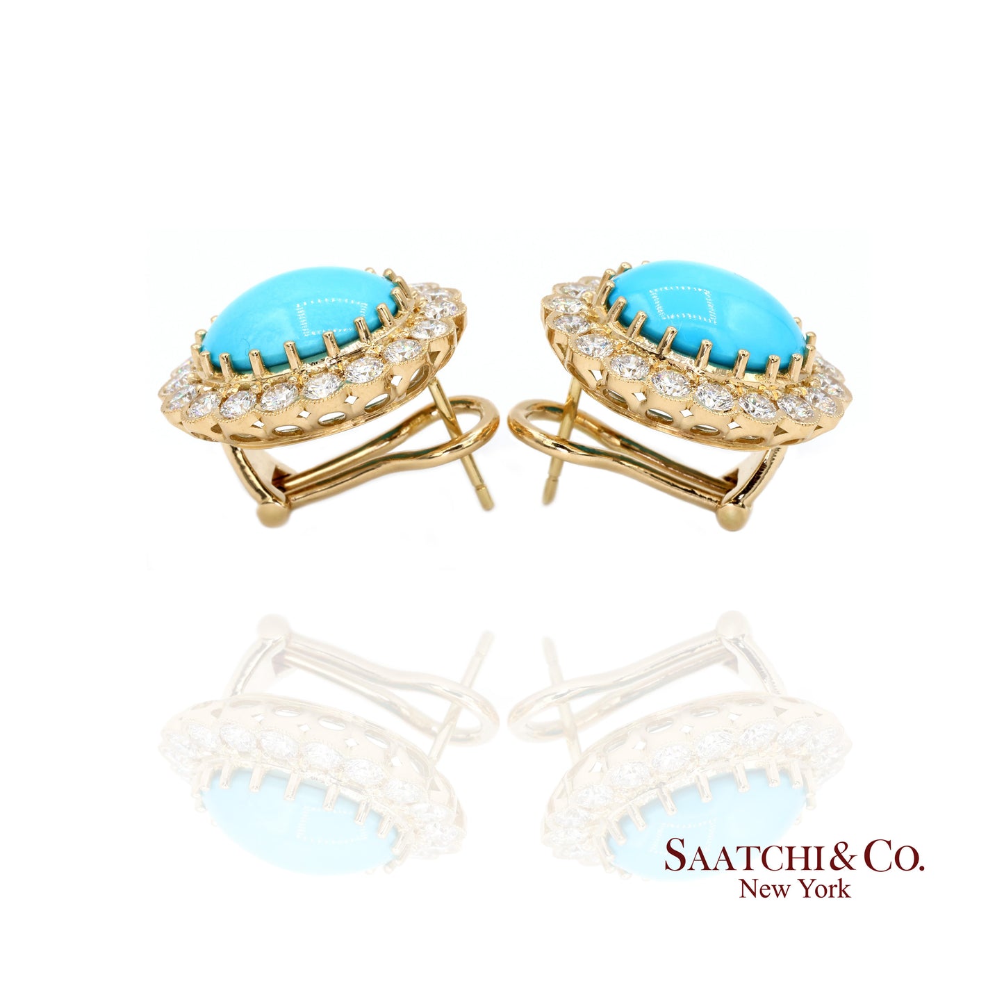 18K Natural Persian Turquoise Diamond Earrings Women Omega Back Style