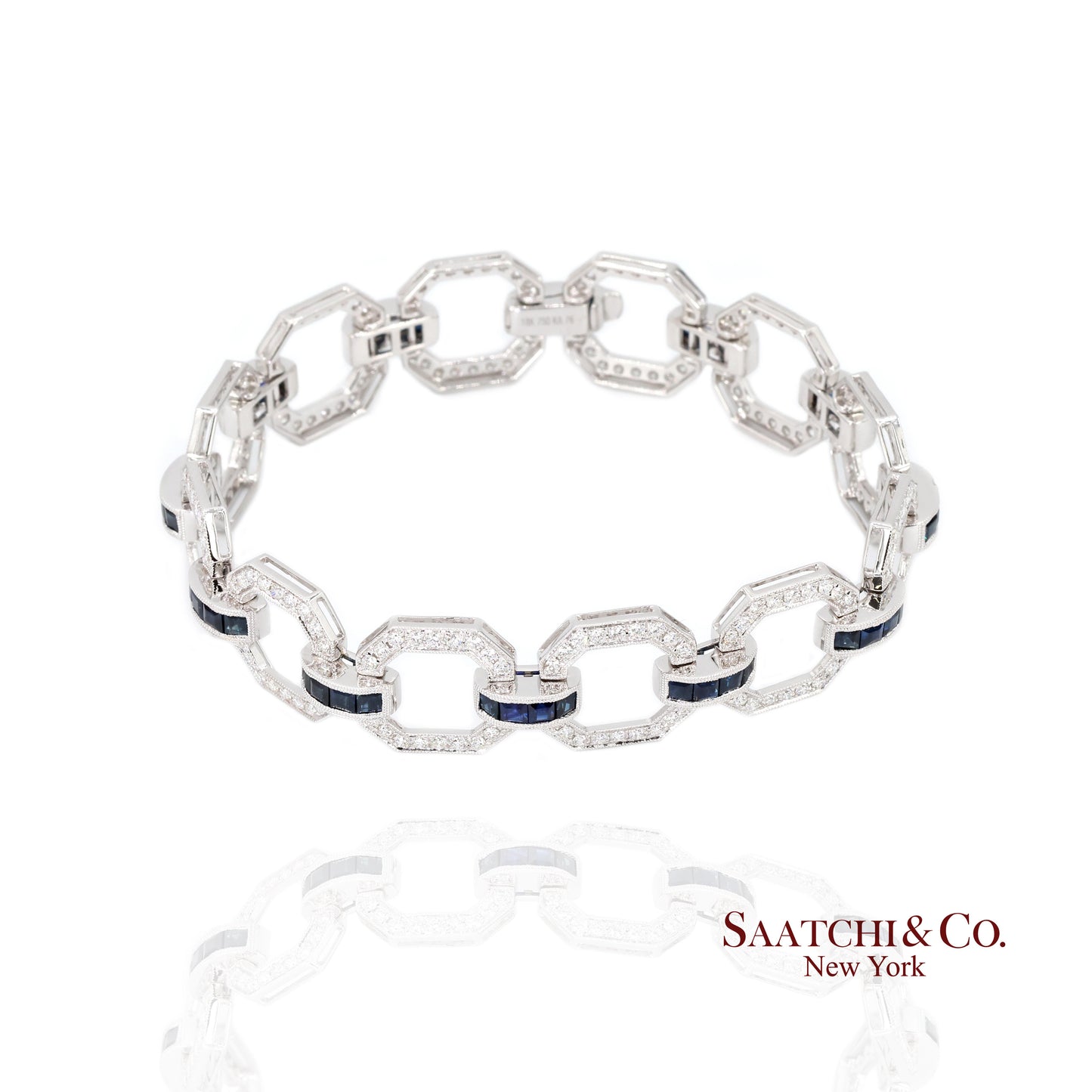 18k Sapphire Diamond Bracelet Womens White Gold 7.42in Milgrain Art Deco
