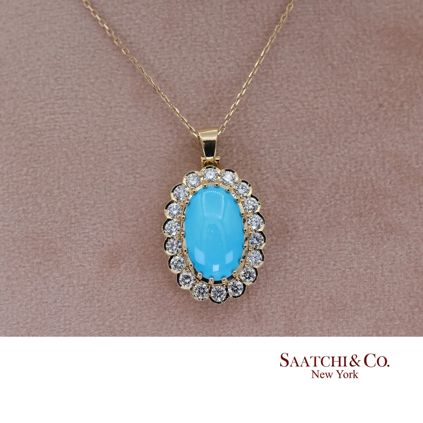 18k Persian Turquoise and Diamond Pendant Womens Yellow Gold Oval Cabochon