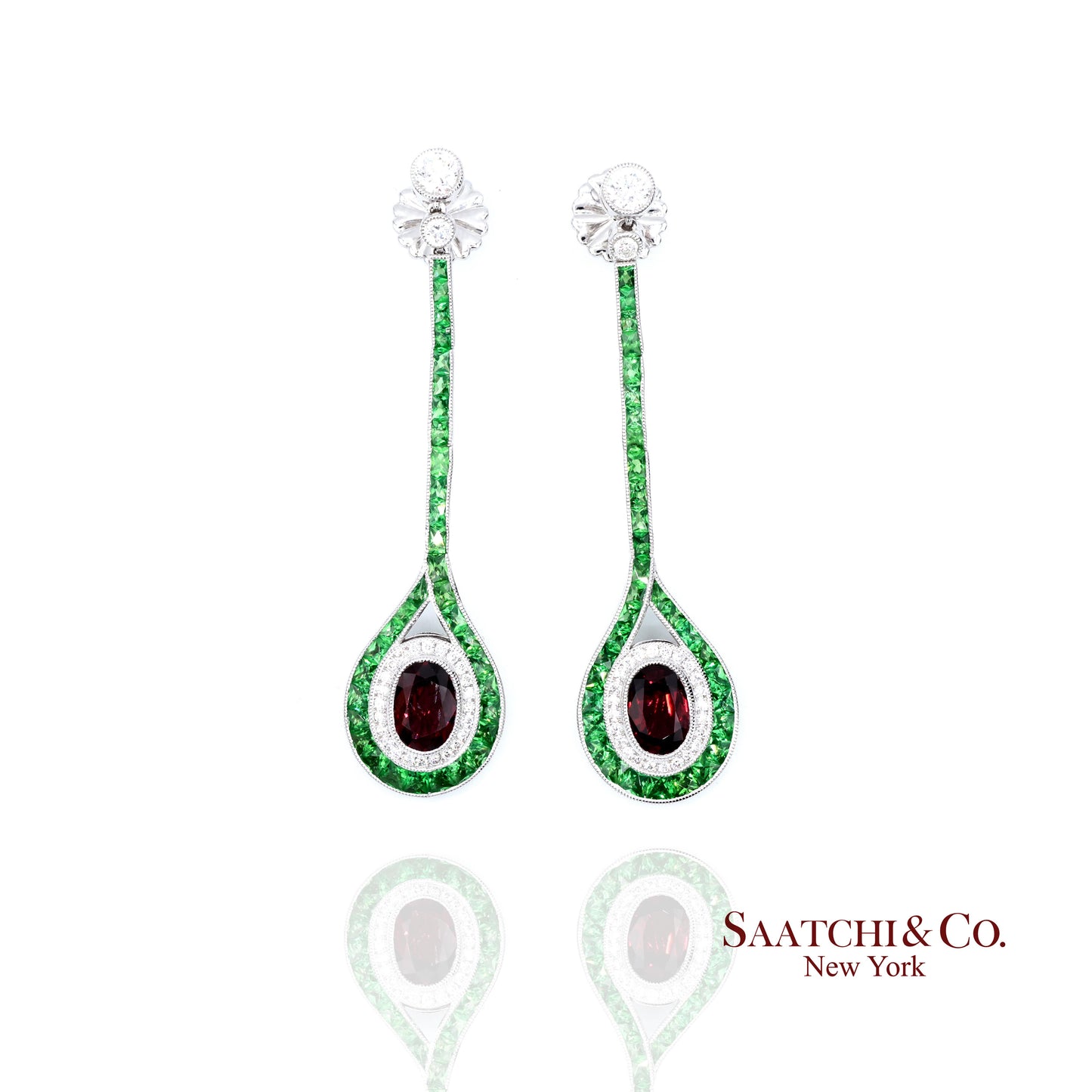 Platinum 950 Dangling Natural Ruby Emerald and Diamond Earring