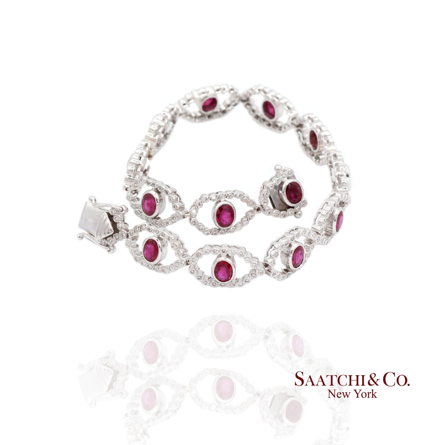 18k (750) White Gold Natural Ruby and Diamond Milgrain Bracelet