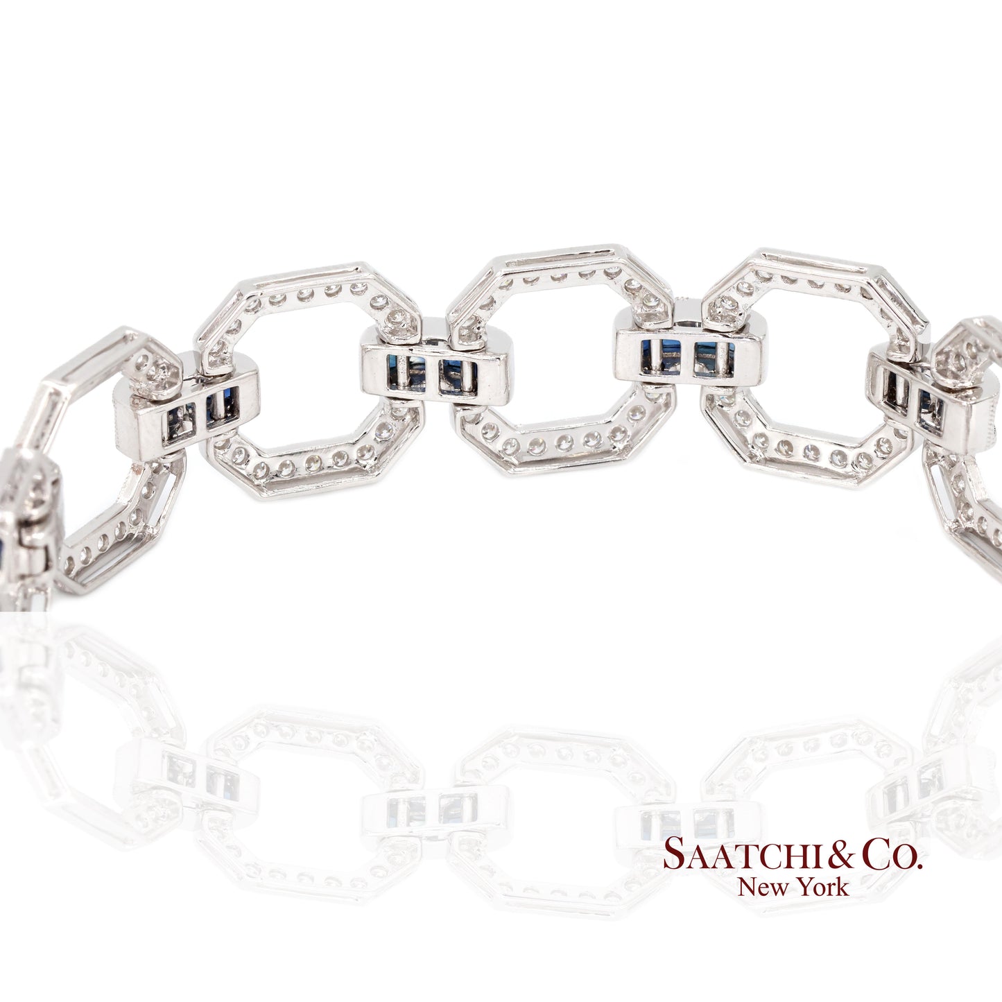 18k Sapphire Diamond Bracelet Womens White Gold 7.42in Milgrain Art Deco