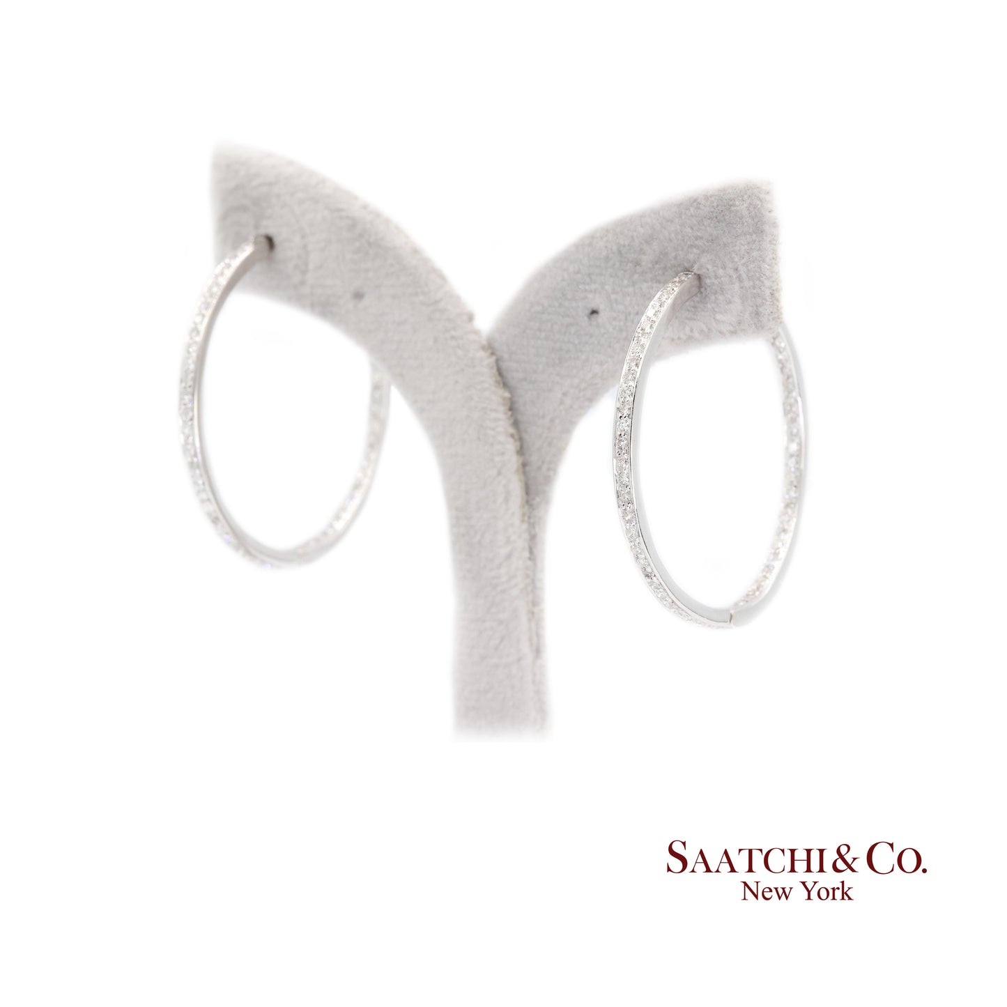 18K White Gold Natural Diamond Hoop Earrings In and Out Diamond