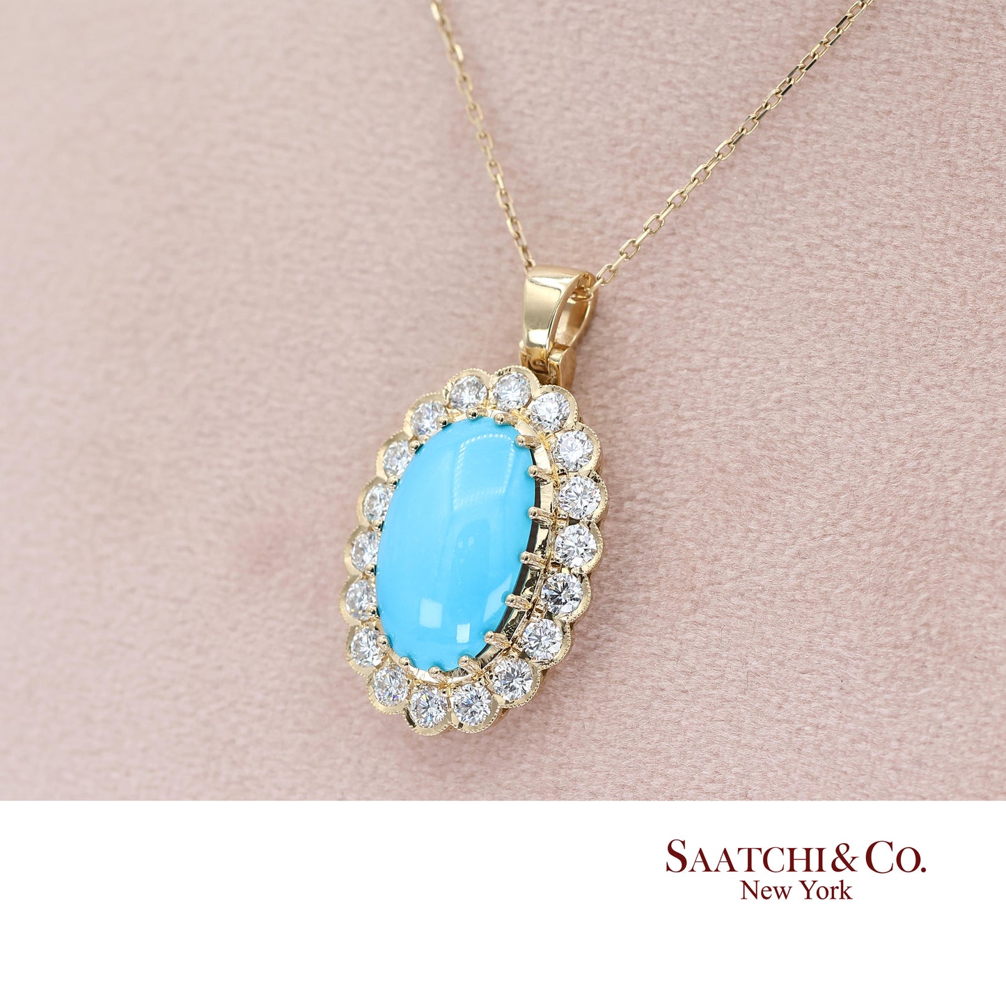 18k Persian Turquoise and Diamond Pendant Womens Yellow Gold Oval Cabochon