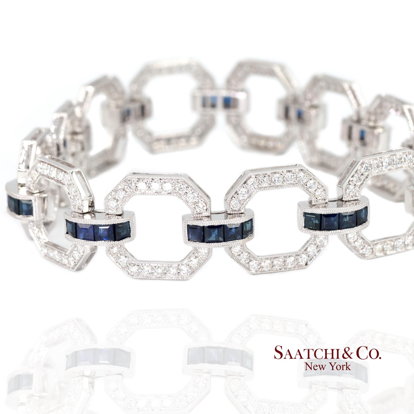 18k Sapphire Diamond Bracelet Womens White Gold 7.42in Milgrain Art Deco