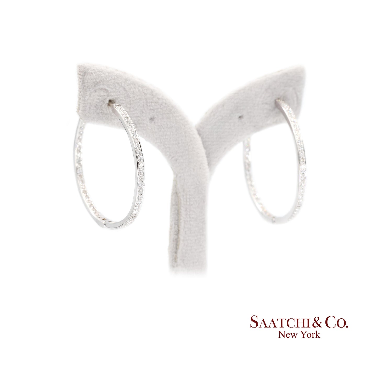 18K White Gold Natural Diamond Hoop Earrings In and Out Diamond