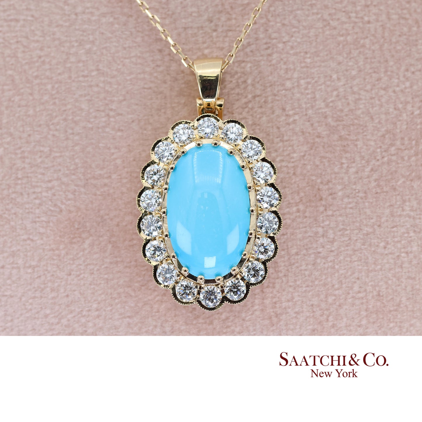 18k Persian Turquoise and Diamond Pendant Womens Yellow Gold Oval Cabochon