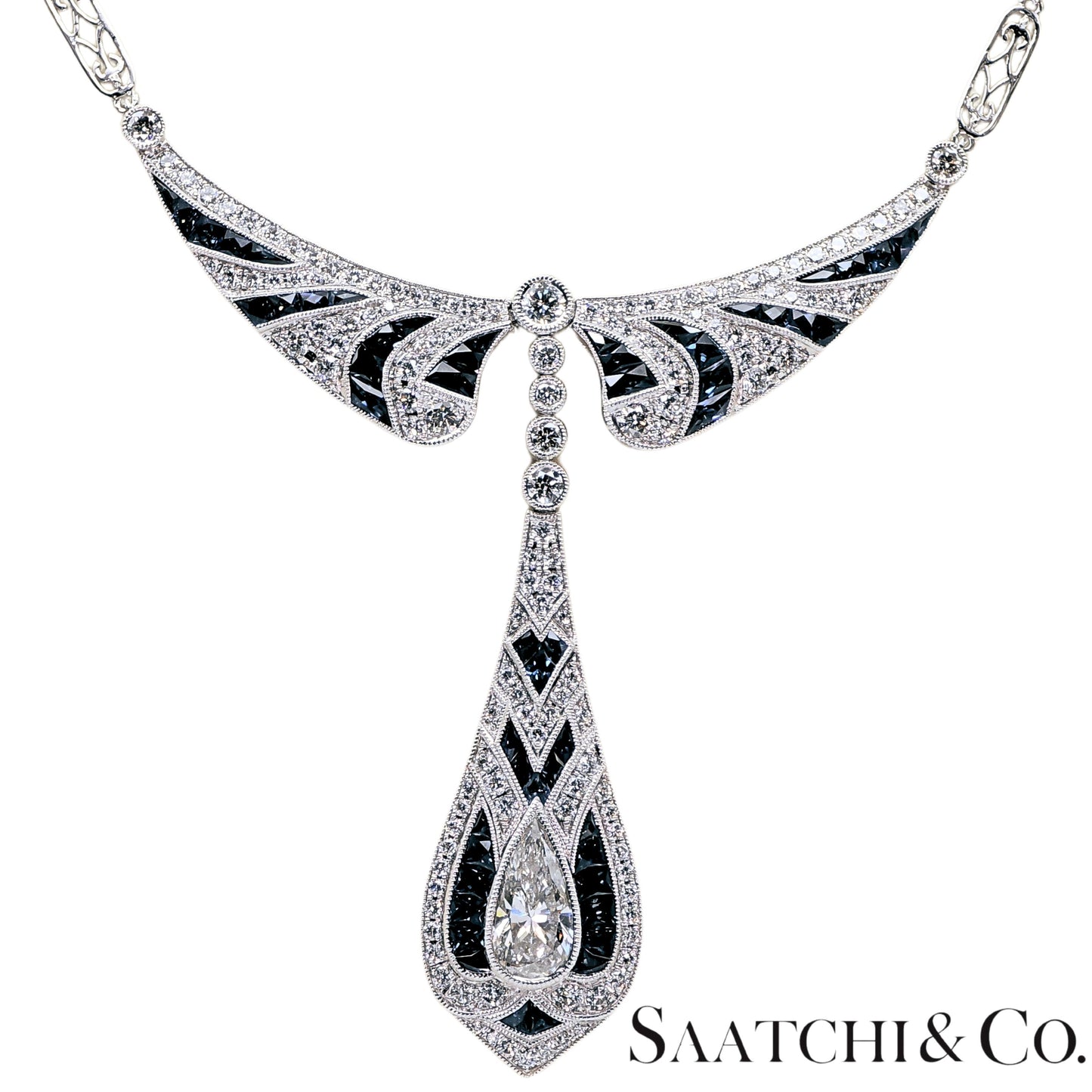 GIA Certified Diamond and Natural Sapphire in Platinum 950 Elegant Necklace