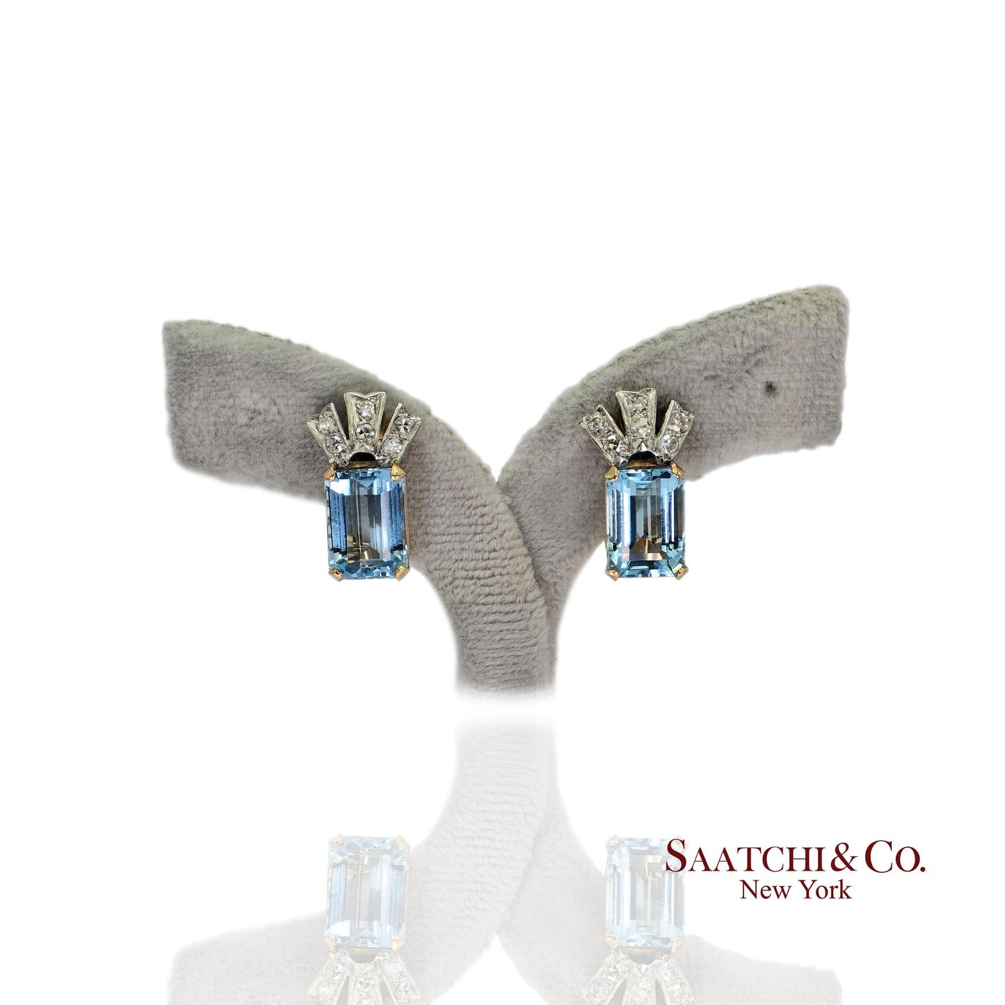 14k (585) Yellow Gold Vinatge Earring Natural Diamond & Aquamarine