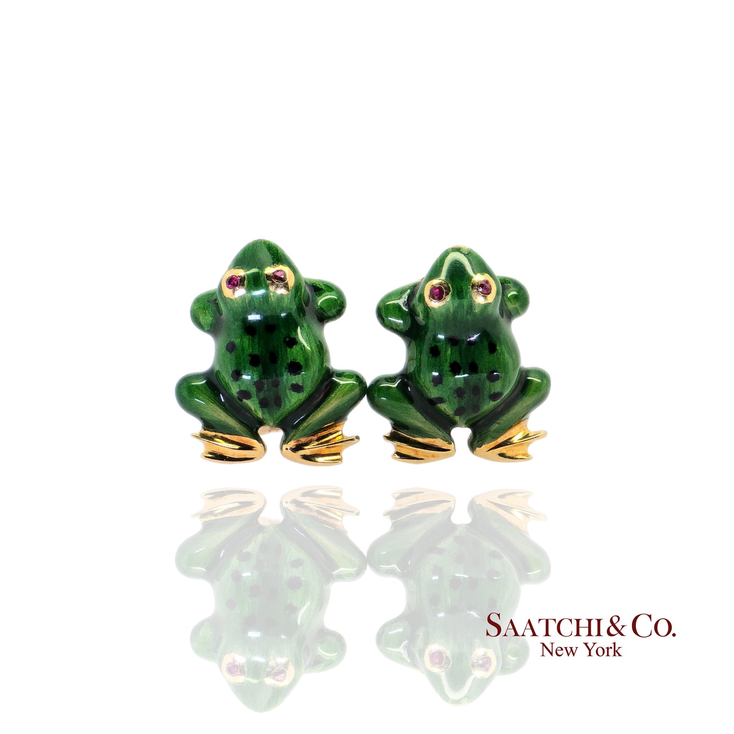 18K (750) Yellow Gold - Enamel & Natural Ruby, Round Brilliant Cut: Frog Earring