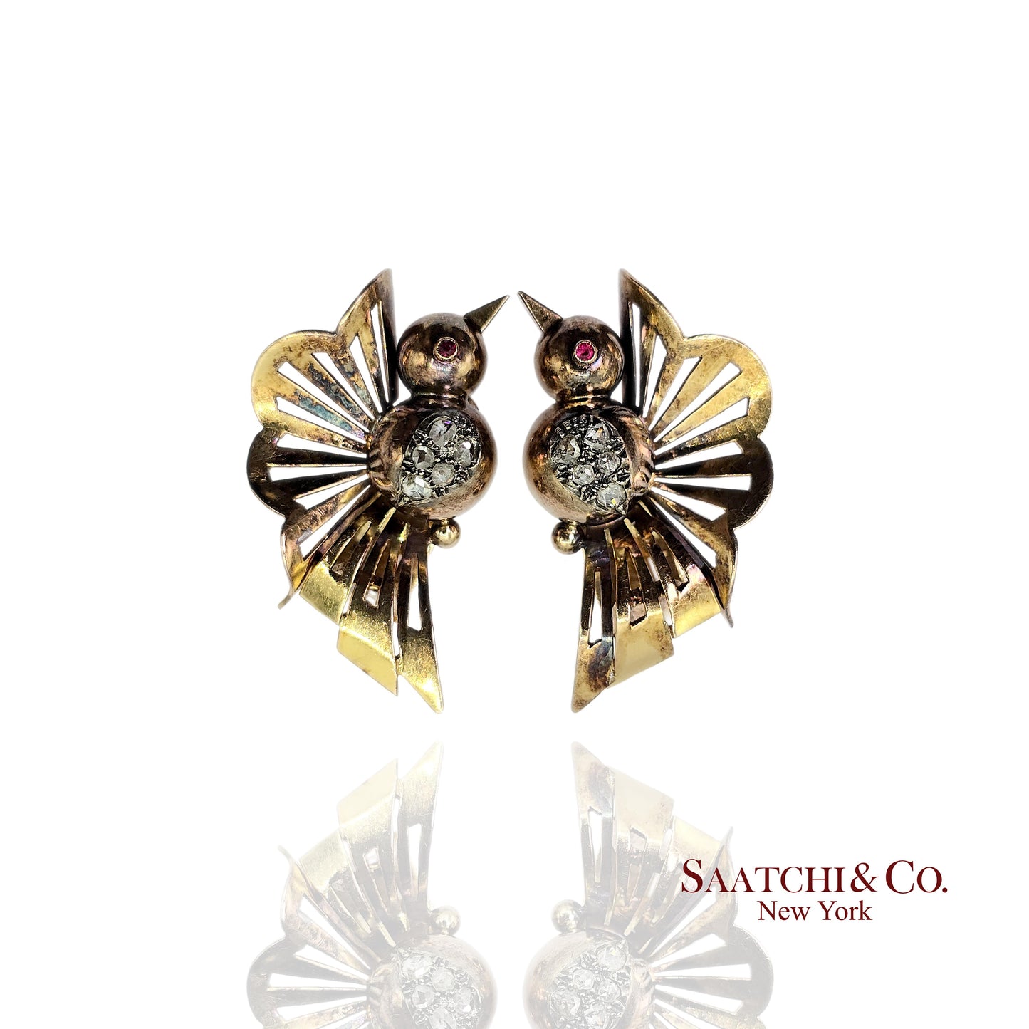Vintage 18k (750) Yellow Gold Old Cut Natural Diamond Bird Shape Earrings