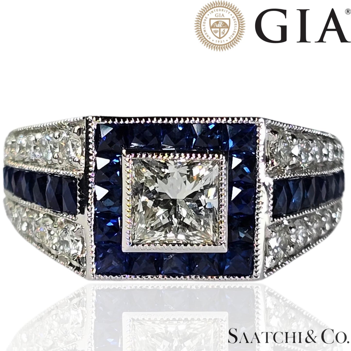 GIA 18K (750) White Gold Natural Diamond & 1.75 Ct Natural Sapphire Ring