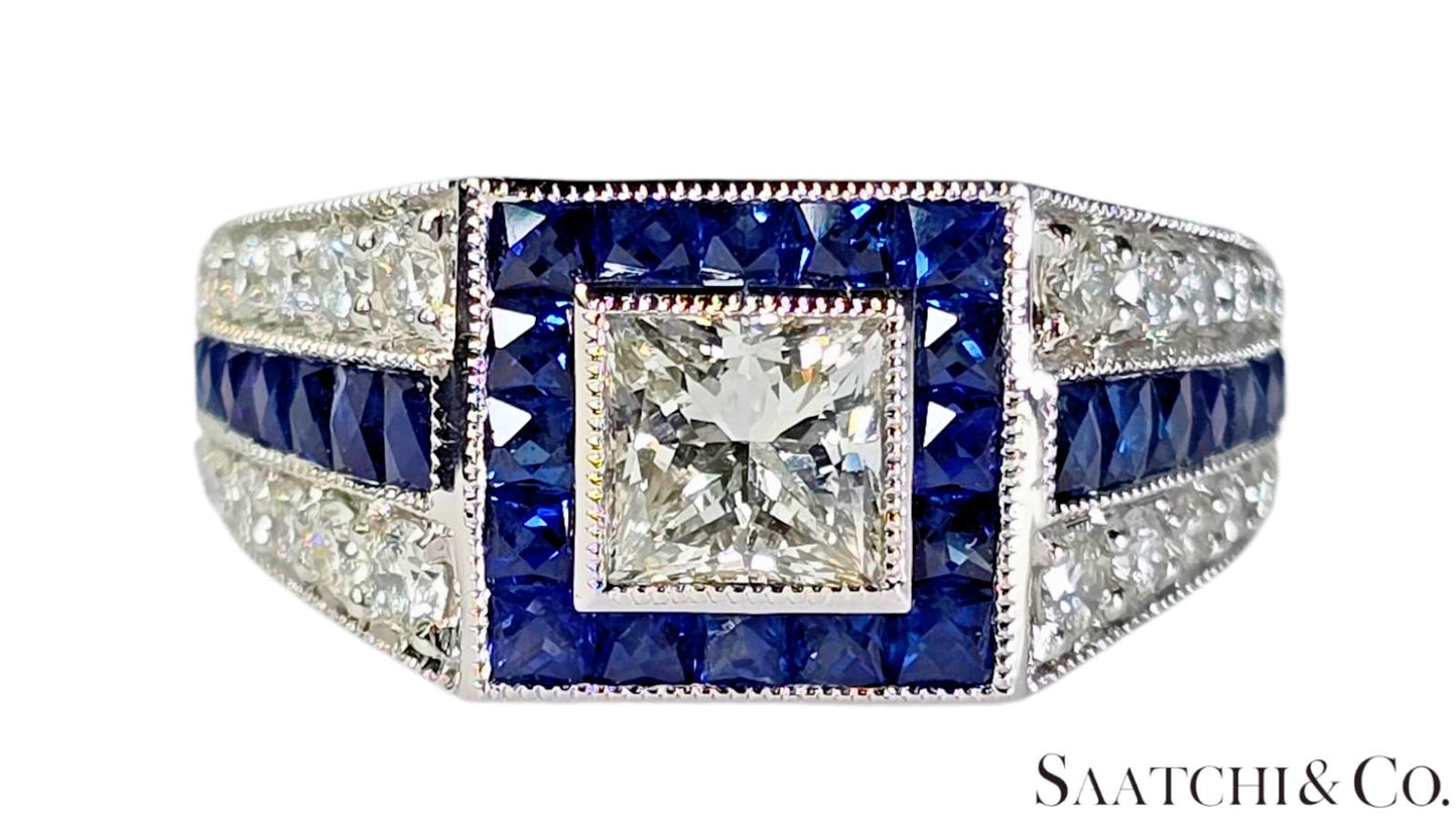 GIA 18K (750) White Gold Natural Diamond & 1.75 Ct Natural Sapphire Ring