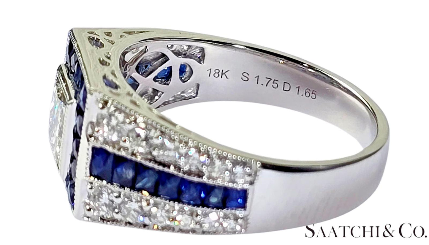 GIA 18K (750) White Gold Natural Diamond & 1.75 Ct Natural Sapphire Ring