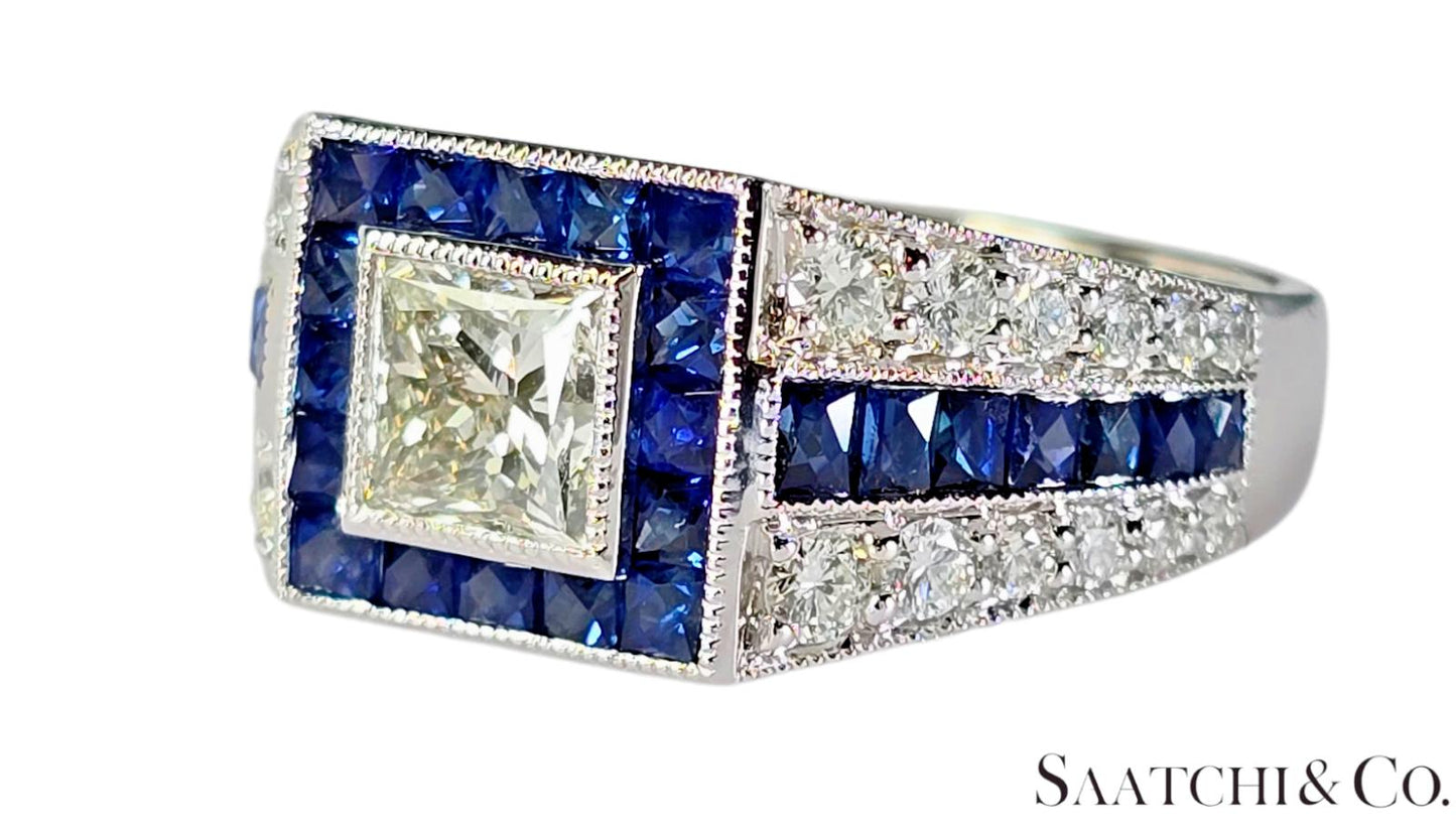 GIA 18K (750) White Gold Natural Diamond & 1.75 Ct Natural Sapphire Ring