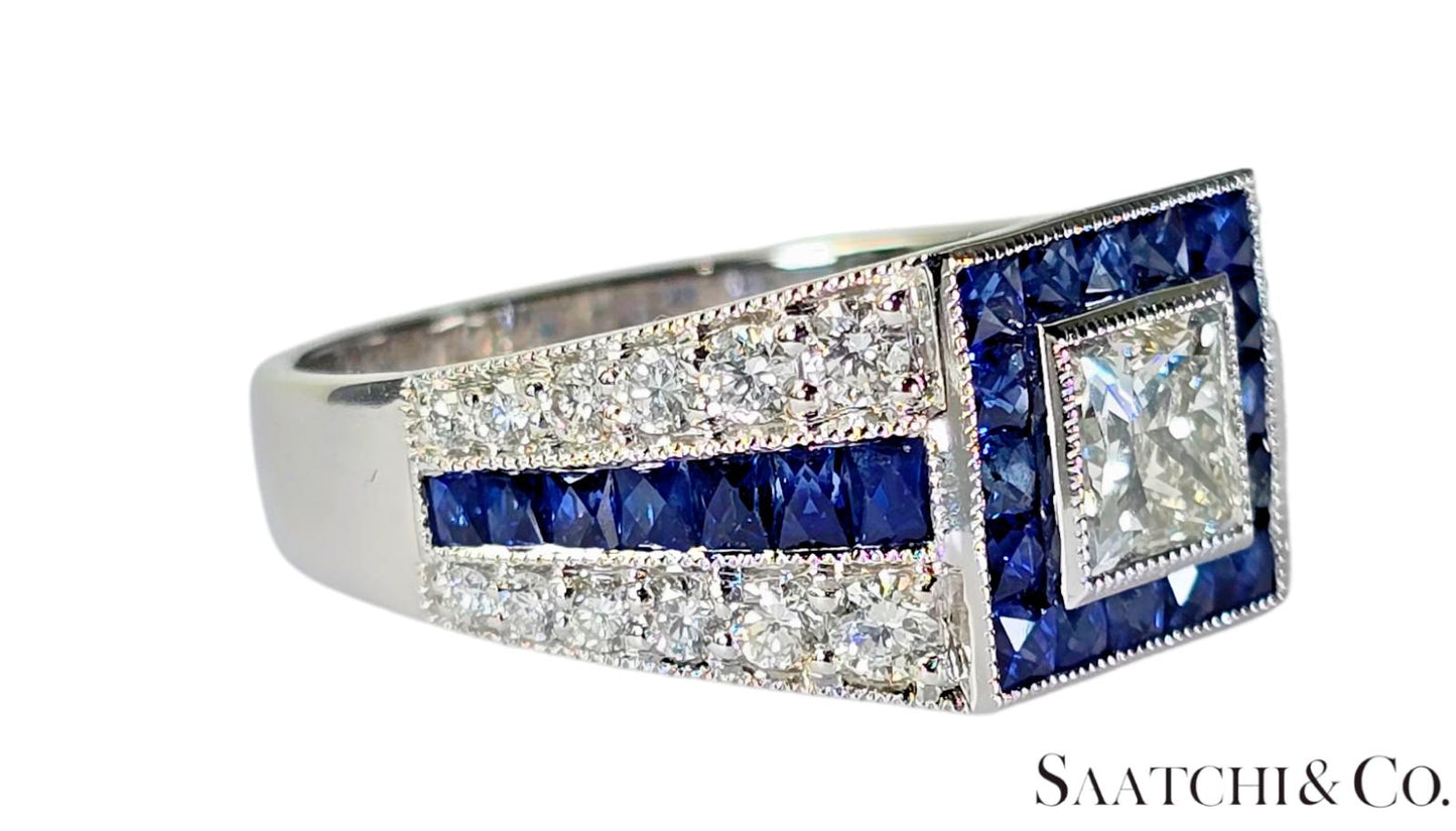 GIA 18K (750) White Gold Natural Diamond & 1.75 Ct Natural Sapphire Ring