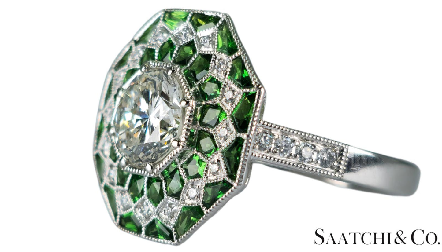 GIA Certified - Natural Tsavorite & Diamond Platinum (950): Ring