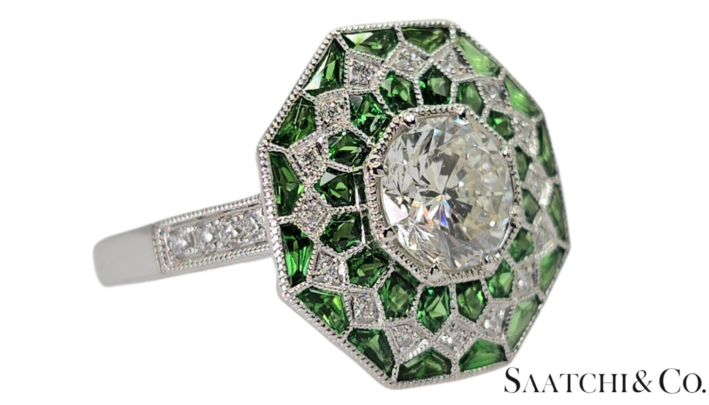 GIA Certified - Natural Tsavorite & Diamond Platinum (950): Ring