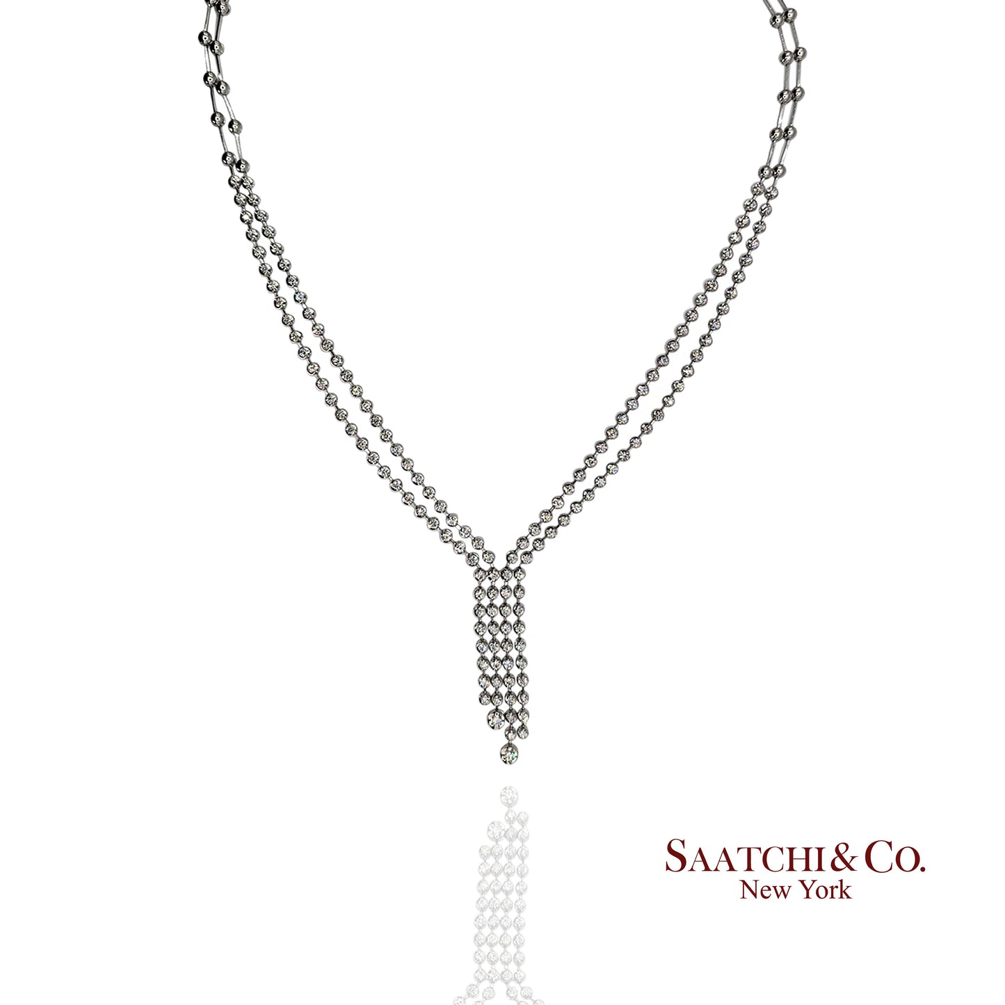 Stunning Double Row Tennis Necklace - 18K (750) White Gold Natural VVS Diamond