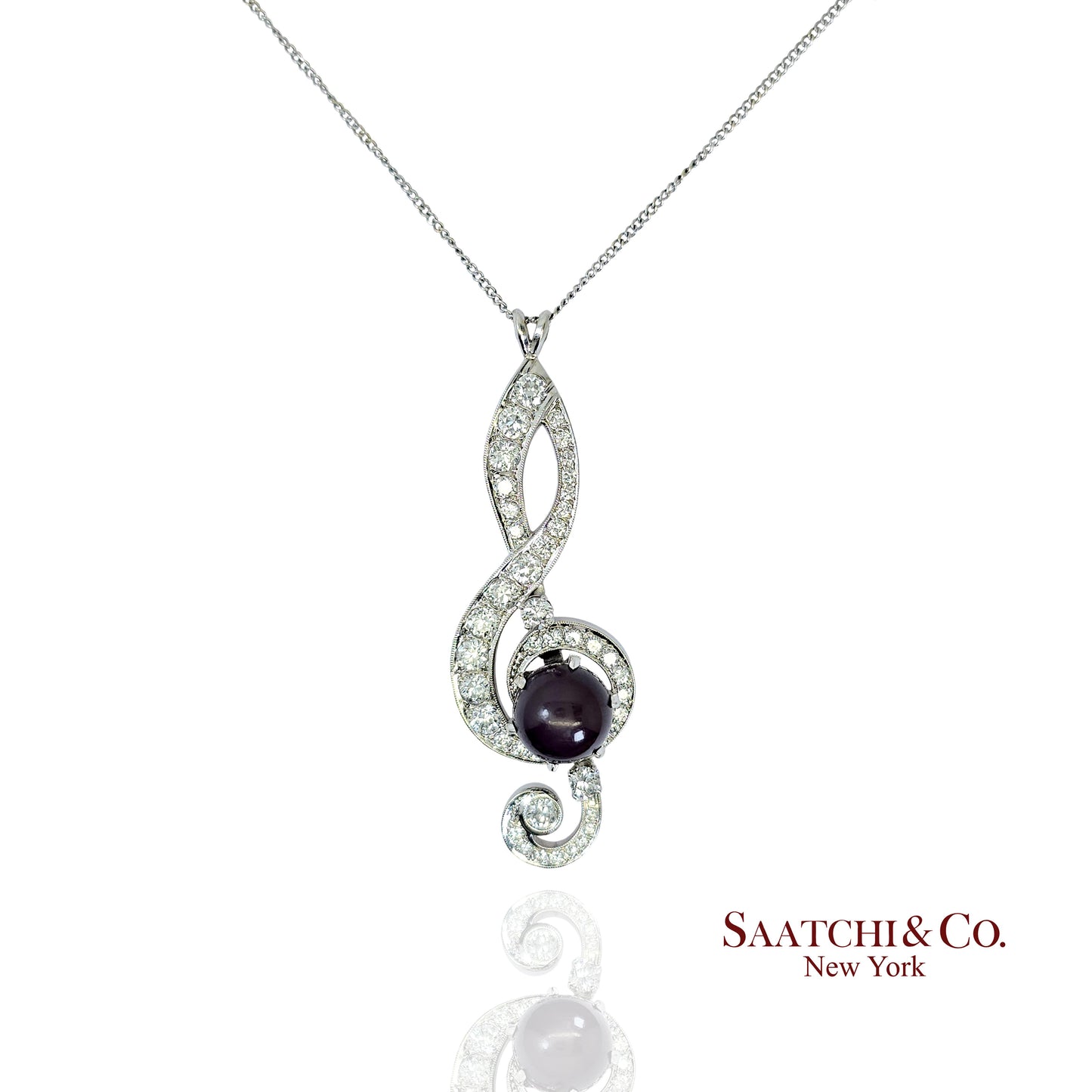 Black Pearl, 14K(585) white gold Pendant, Natural Diamond, Musical g Clef symbol
