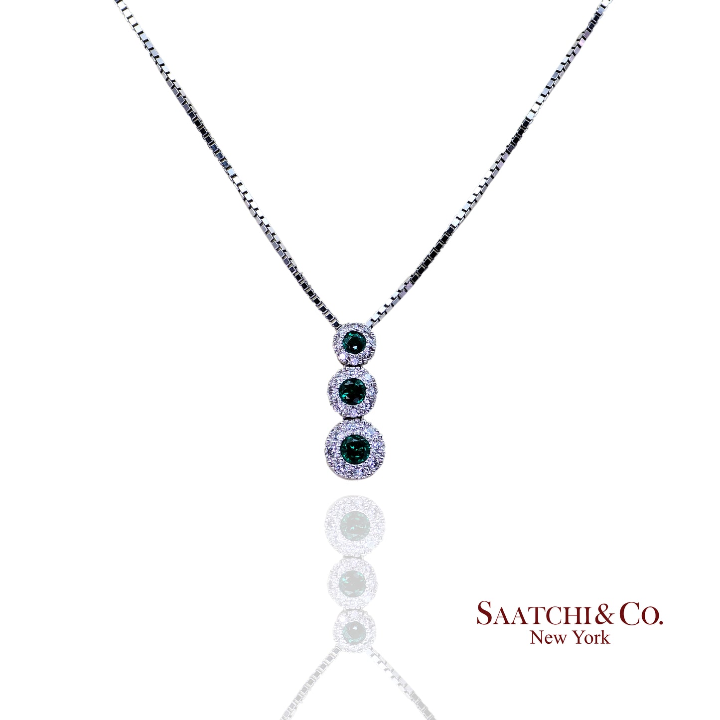 14K (585) White Gold Natural Diamond & Emerald Pendant With Chain