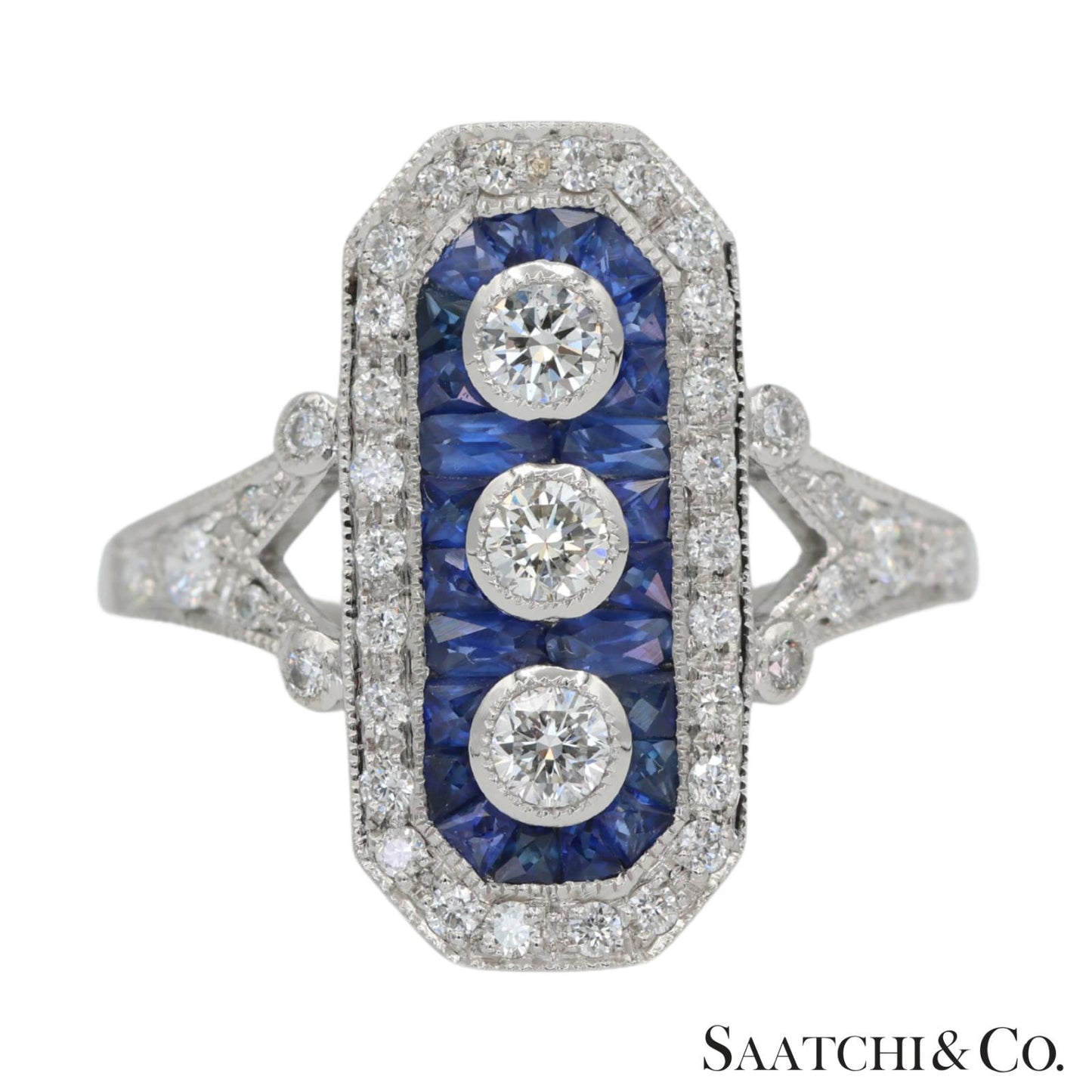 Platinum (950) Natural Diamond and Natural Sapphire Elegant Ring